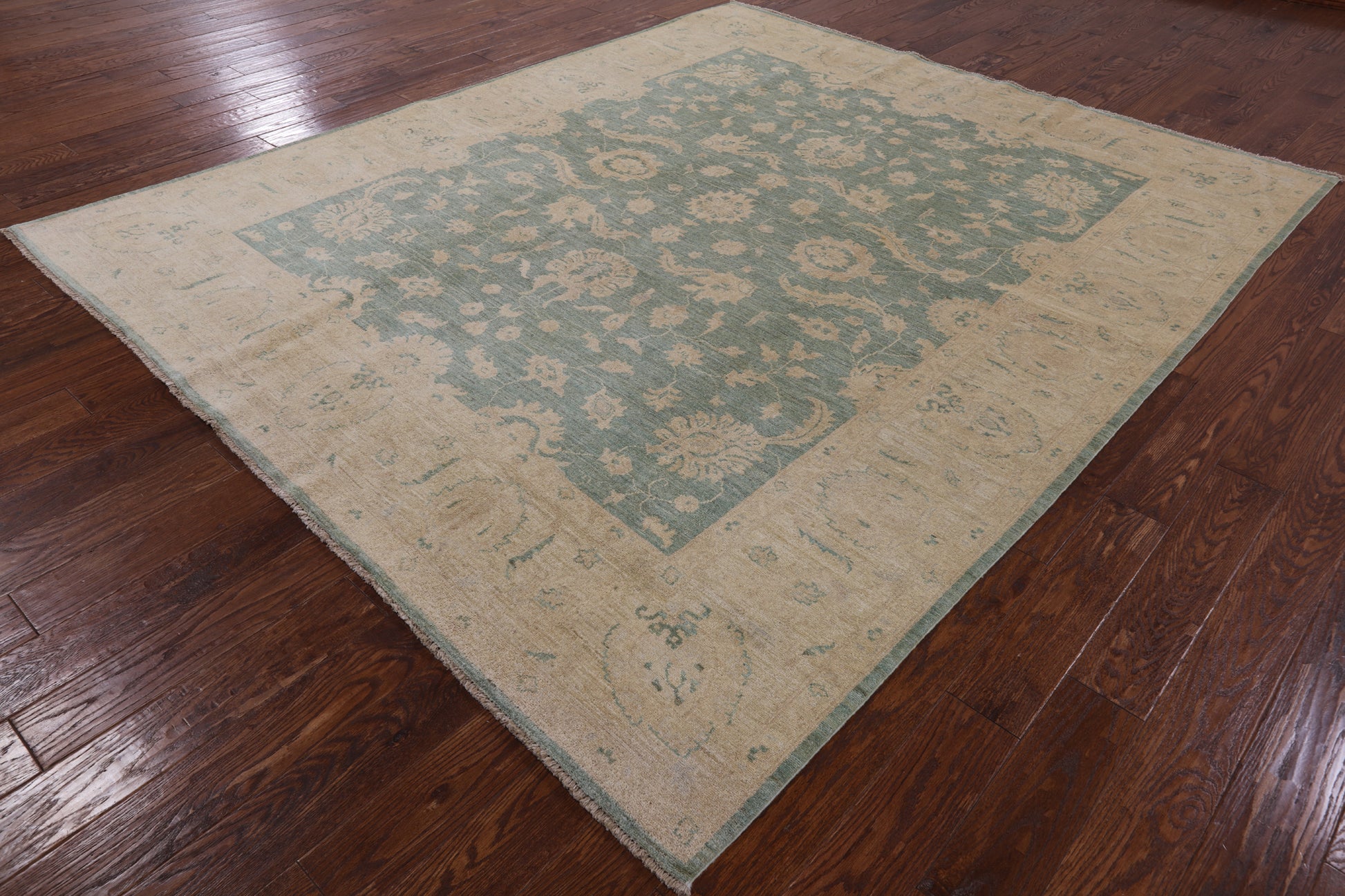 Green Chobi Peshawar Hand Knotted Wool Rug - 8' 3" X 9' 8" - Golden Nile