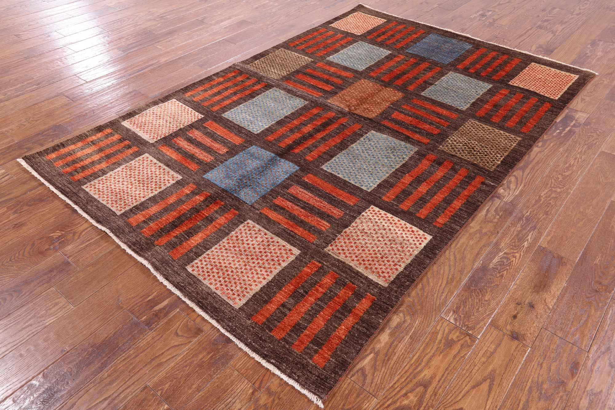 Brown Tribal Gabbeh Hand Knotted Wool Area Rug - 5' 4" X 8' 0" - Golden Nile