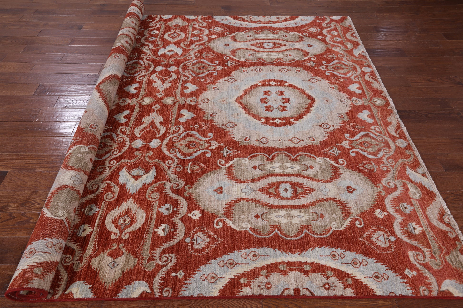 Red Ikat Hand Knotted Wool Rug - 8' 3" X 10' 3" - Golden Nile