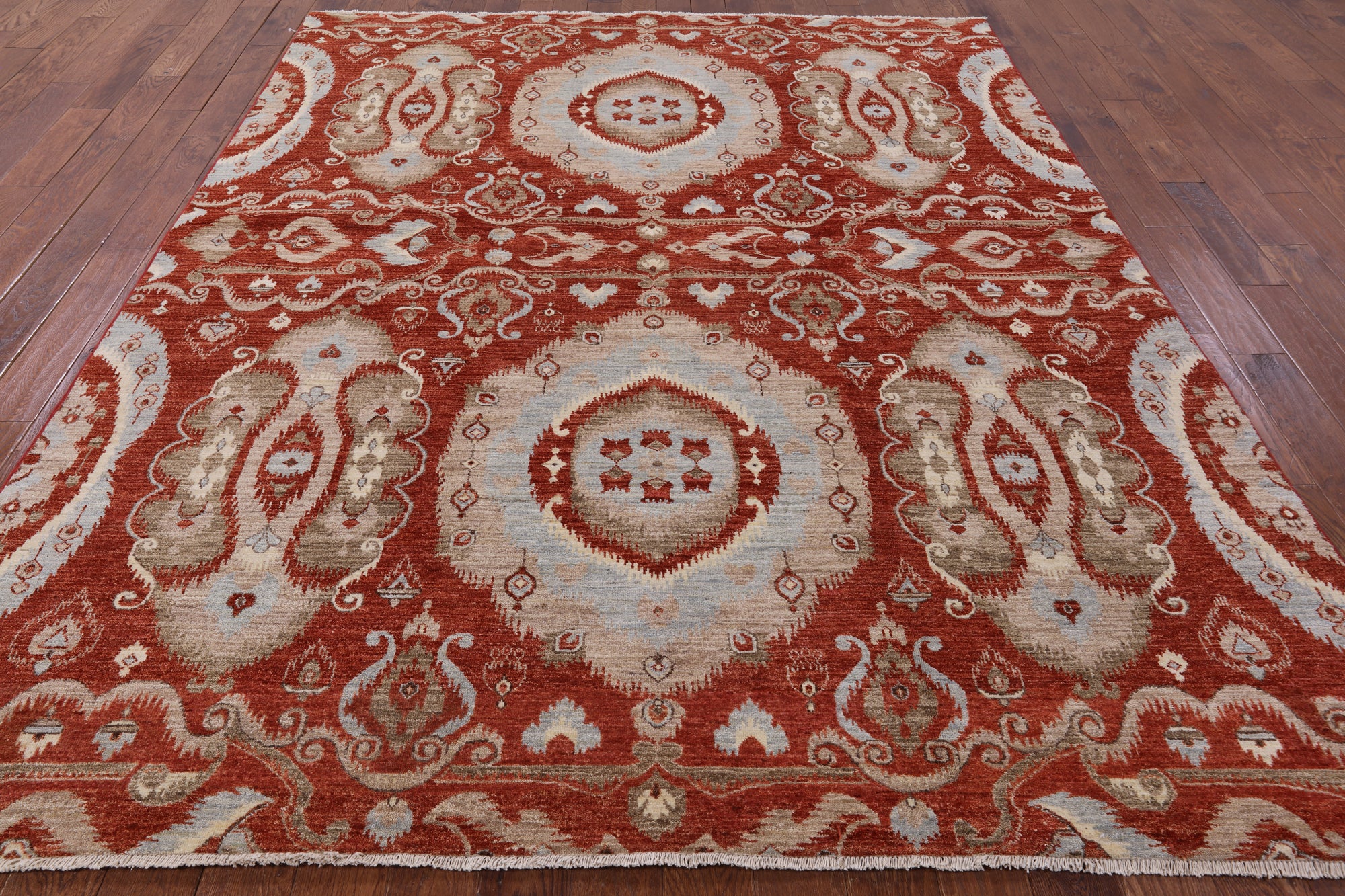 Red Ikat Hand Knotted Wool Rug - 8' 3" X 10' 3" - Golden Nile