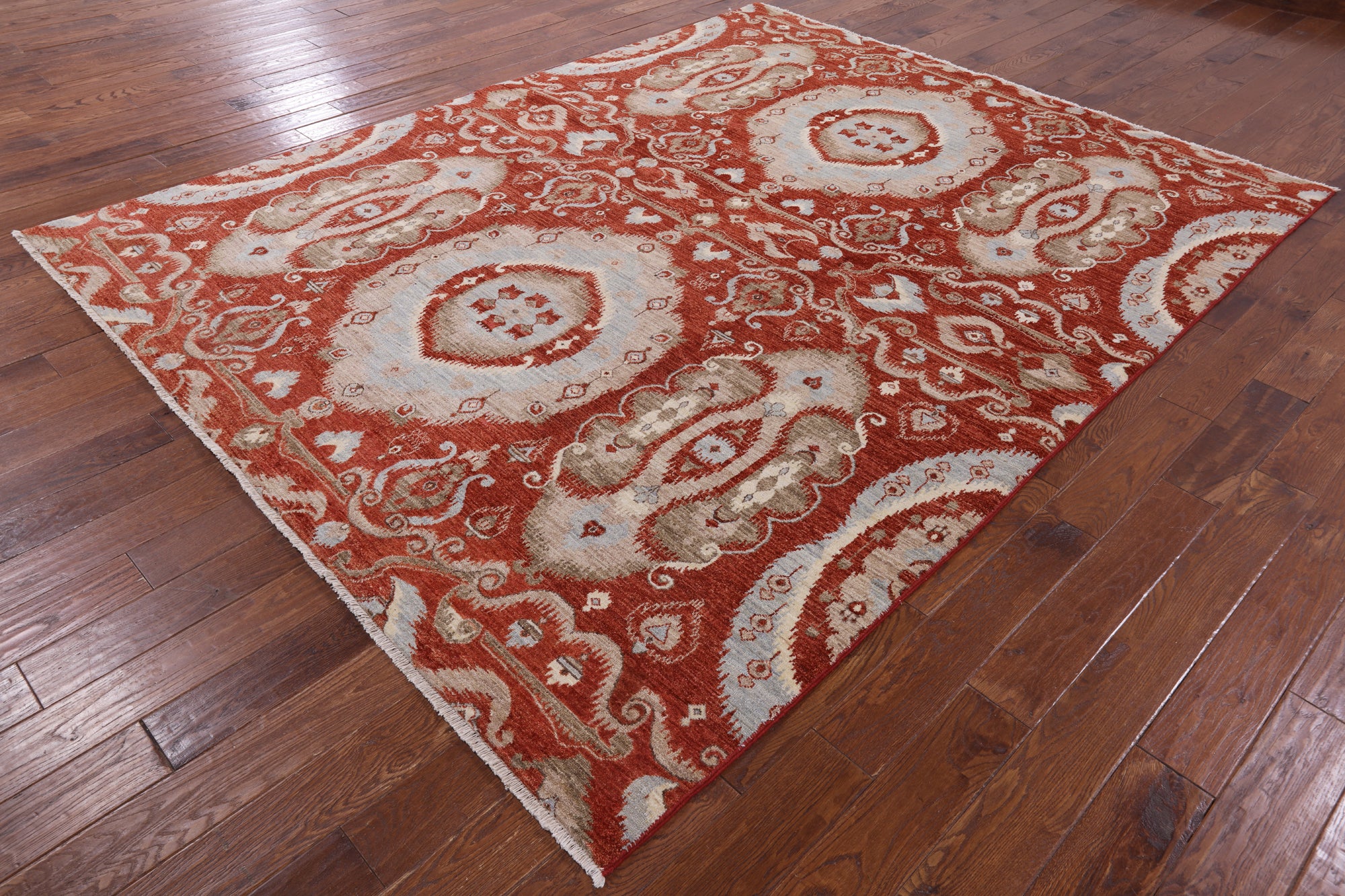 Red Ikat Hand Knotted Wool Rug - 8' 3" X 10' 3" - Golden Nile