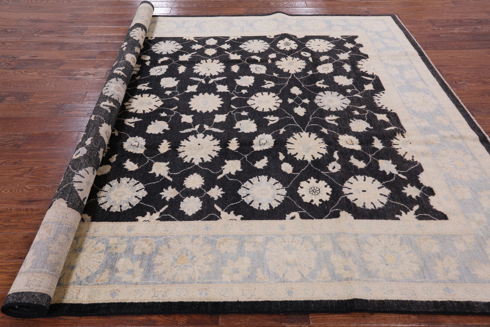 Black Chobi Peshawar Hand Knotted Wool Rug - 8' 2" X 9' 10" - Golden Nile