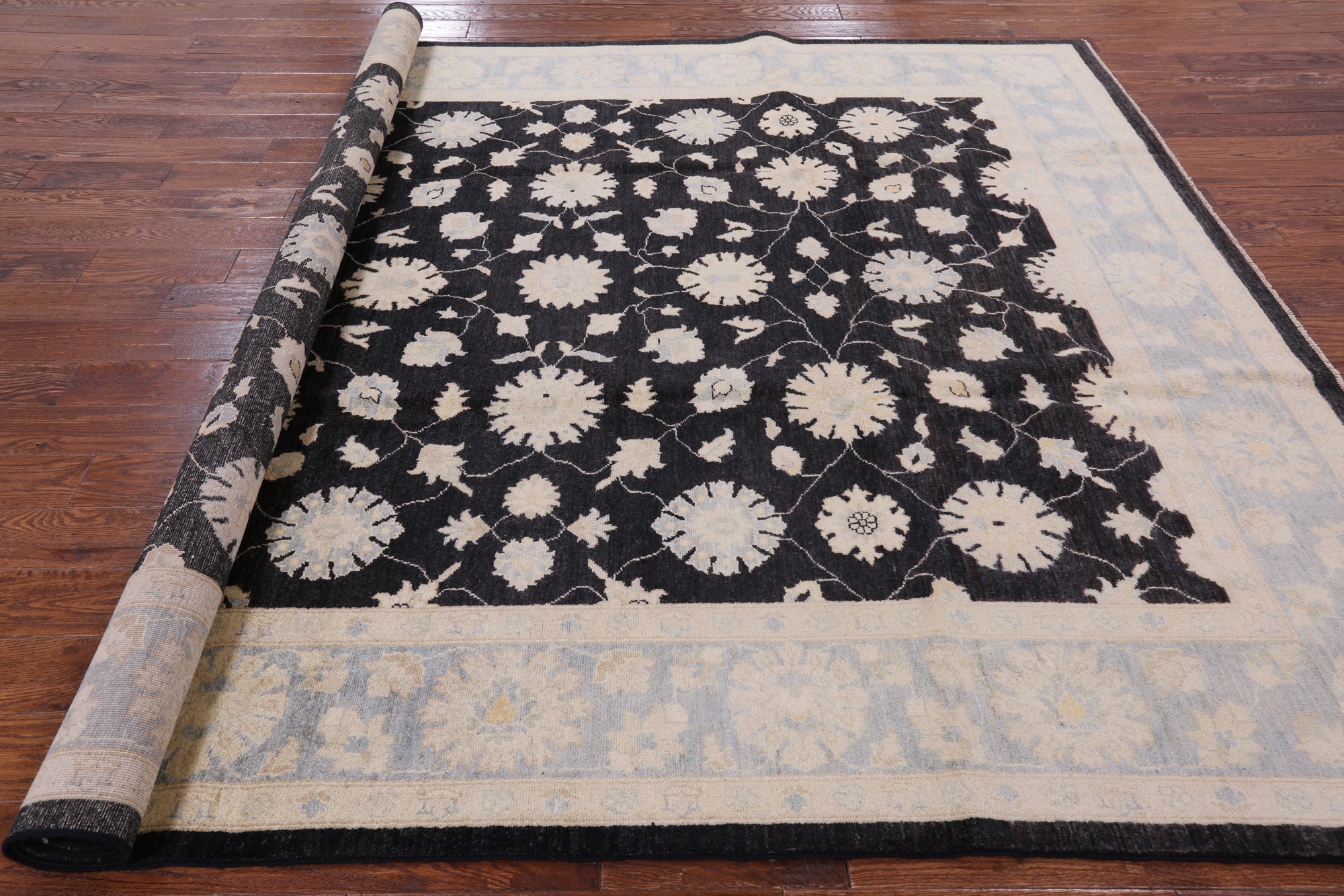 Black Chobi Peshawar Hand Knotted Wool Rug - 8' 2" X 9' 10" - Golden Nile
