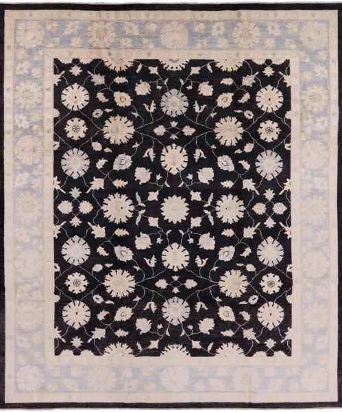 Black Chobi Peshawar Hand Knotted Wool Rug - 8' 2" X 9' 10" - Golden Nile