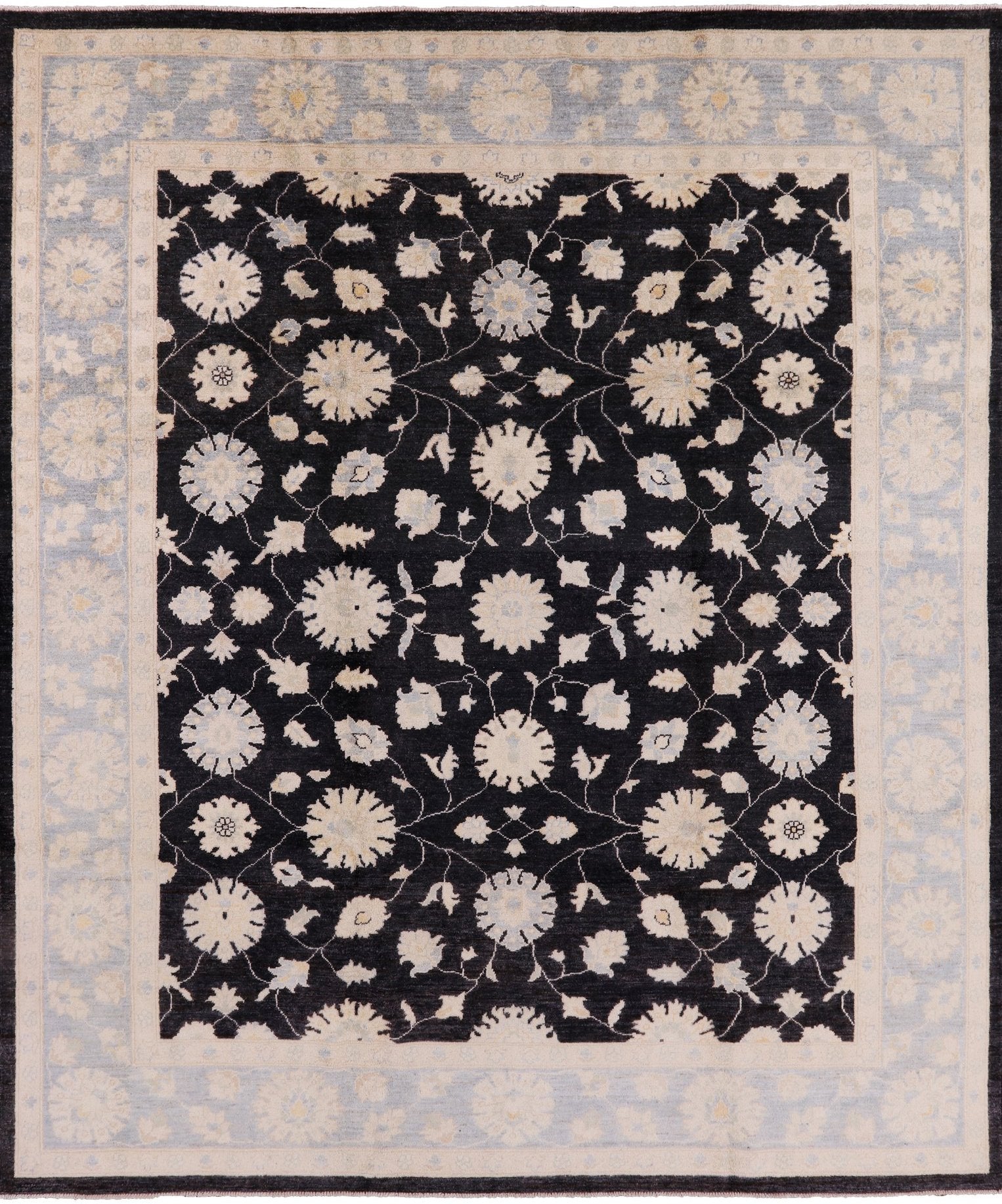 Black Chobi Peshawar Hand Knotted Wool Rug - 8' 2" X 9' 10" - Golden Nile