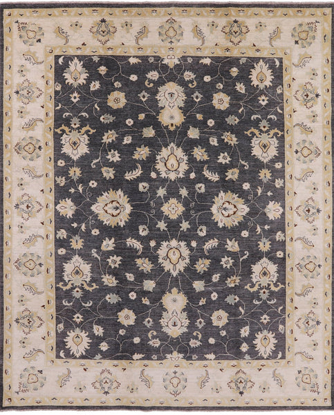 Grey Chobi Peshawar Hand Knotted Wool Rug - 8' 1" X 9' 9" - Golden Nile
