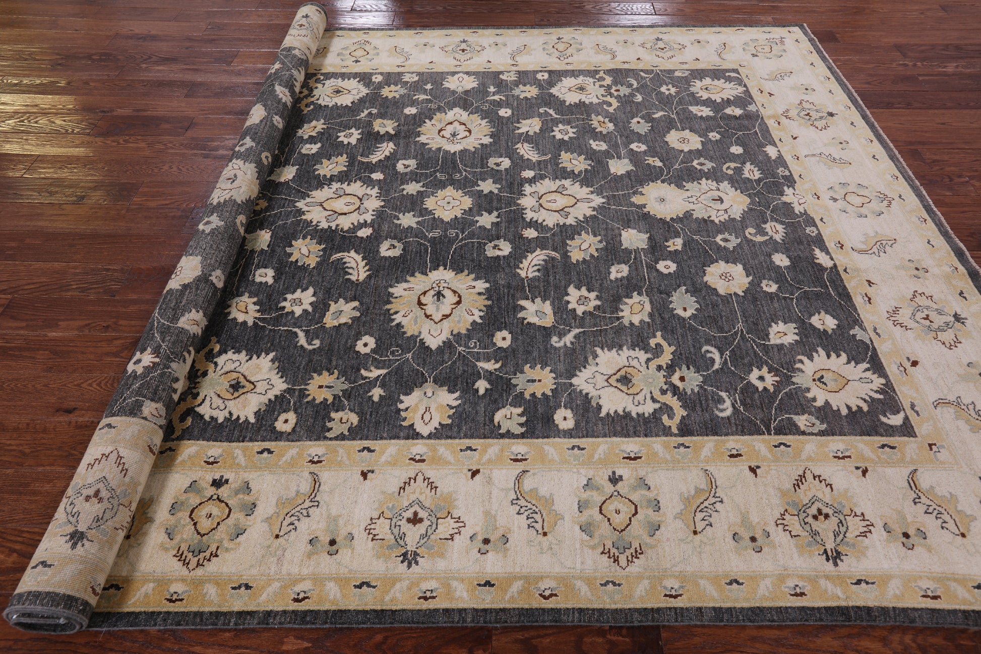 Grey Chobi Peshawar Hand Knotted Wool Rug - 8' 1" X 9' 9" - Golden Nile