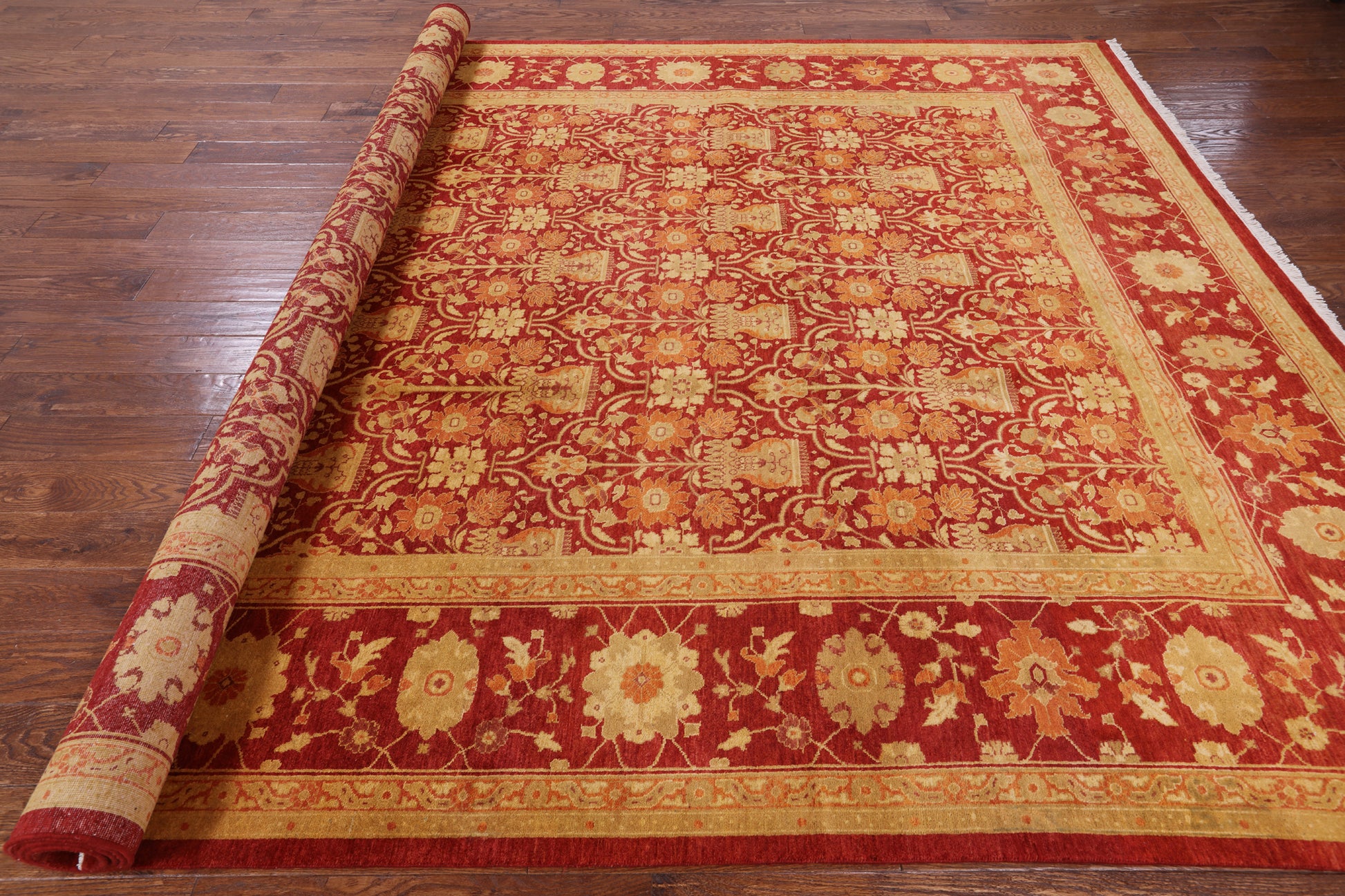 Red Chobi Peshawar Hand Knotted Rug - 9' 1" X 12' 3" - Golden Nile