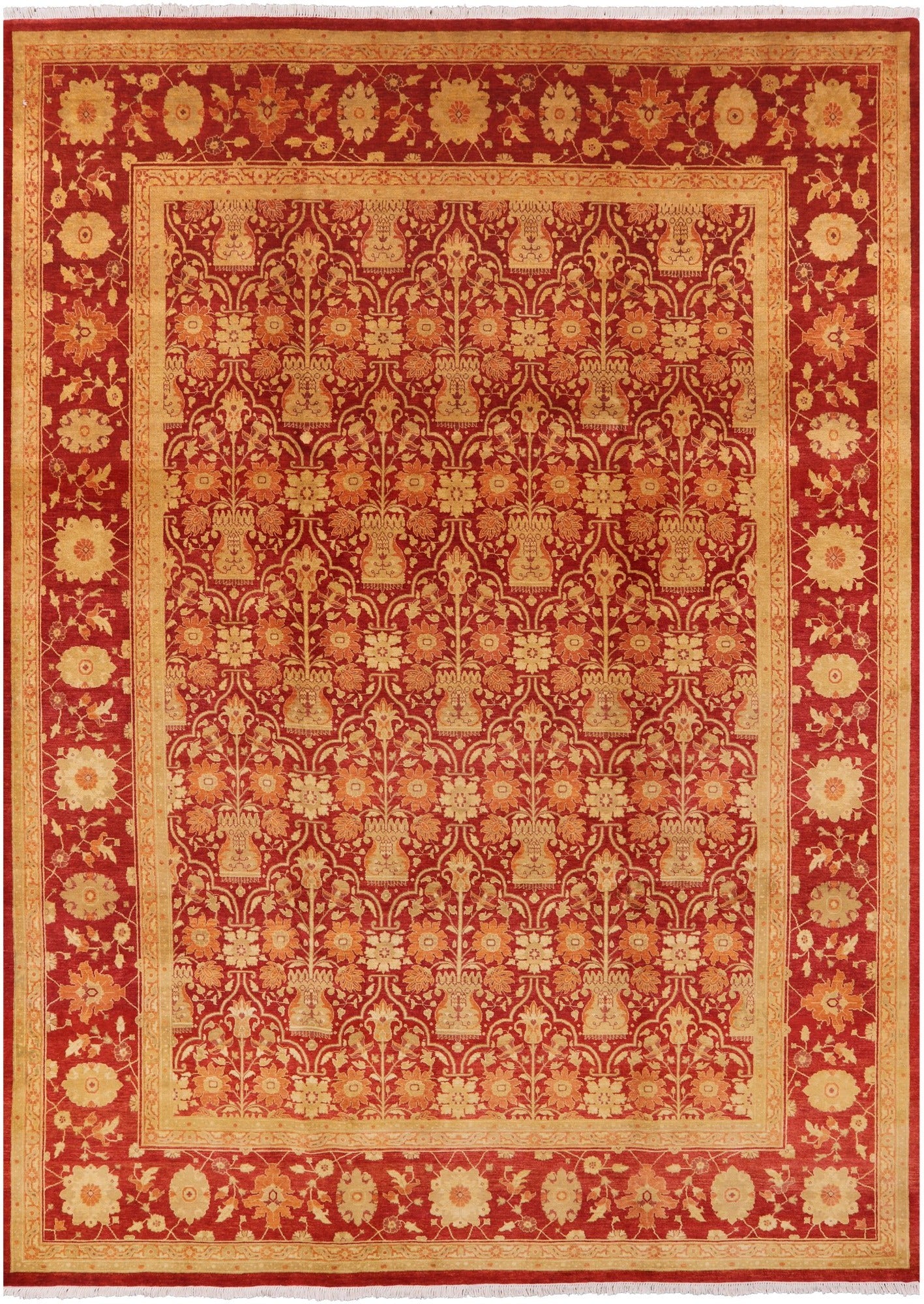 Red Chobi Peshawar Hand Knotted Rug - 9' 1" X 12' 3" - Golden Nile