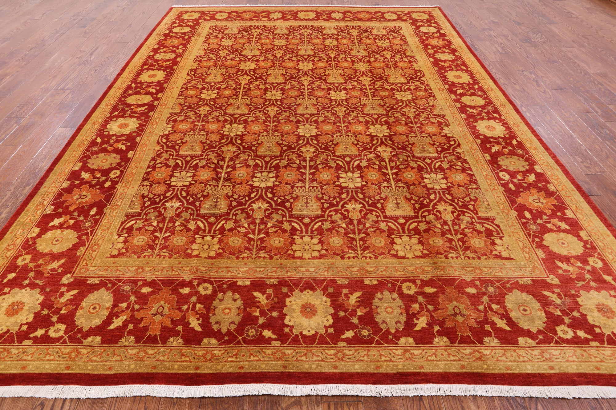 Red Chobi Peshawar Hand Knotted Rug - 9' 1" X 12' 3" - Golden Nile