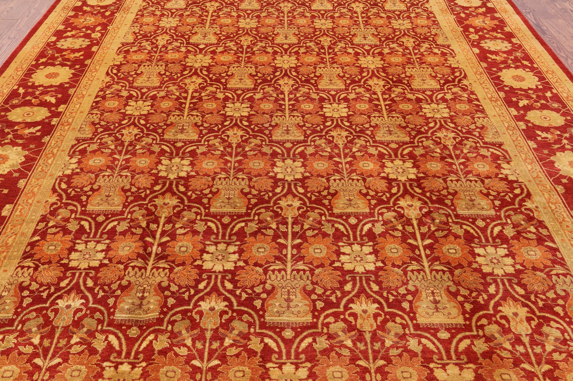Red Chobi Peshawar Hand Knotted Rug - 9' 1" X 12' 3" - Golden Nile