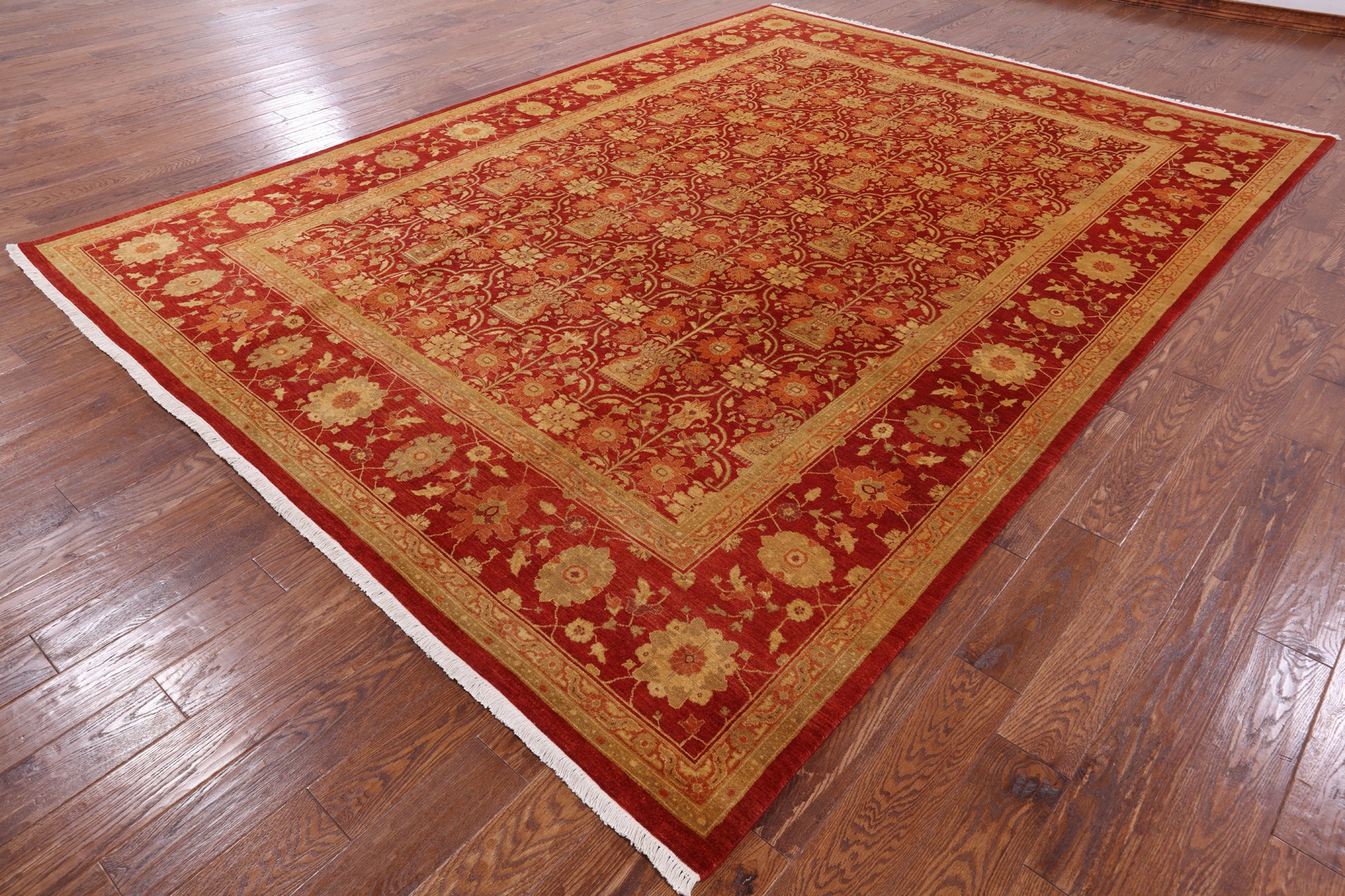 Red Chobi Peshawar Hand Knotted Rug - 9' 1" X 12' 3" - Golden Nile