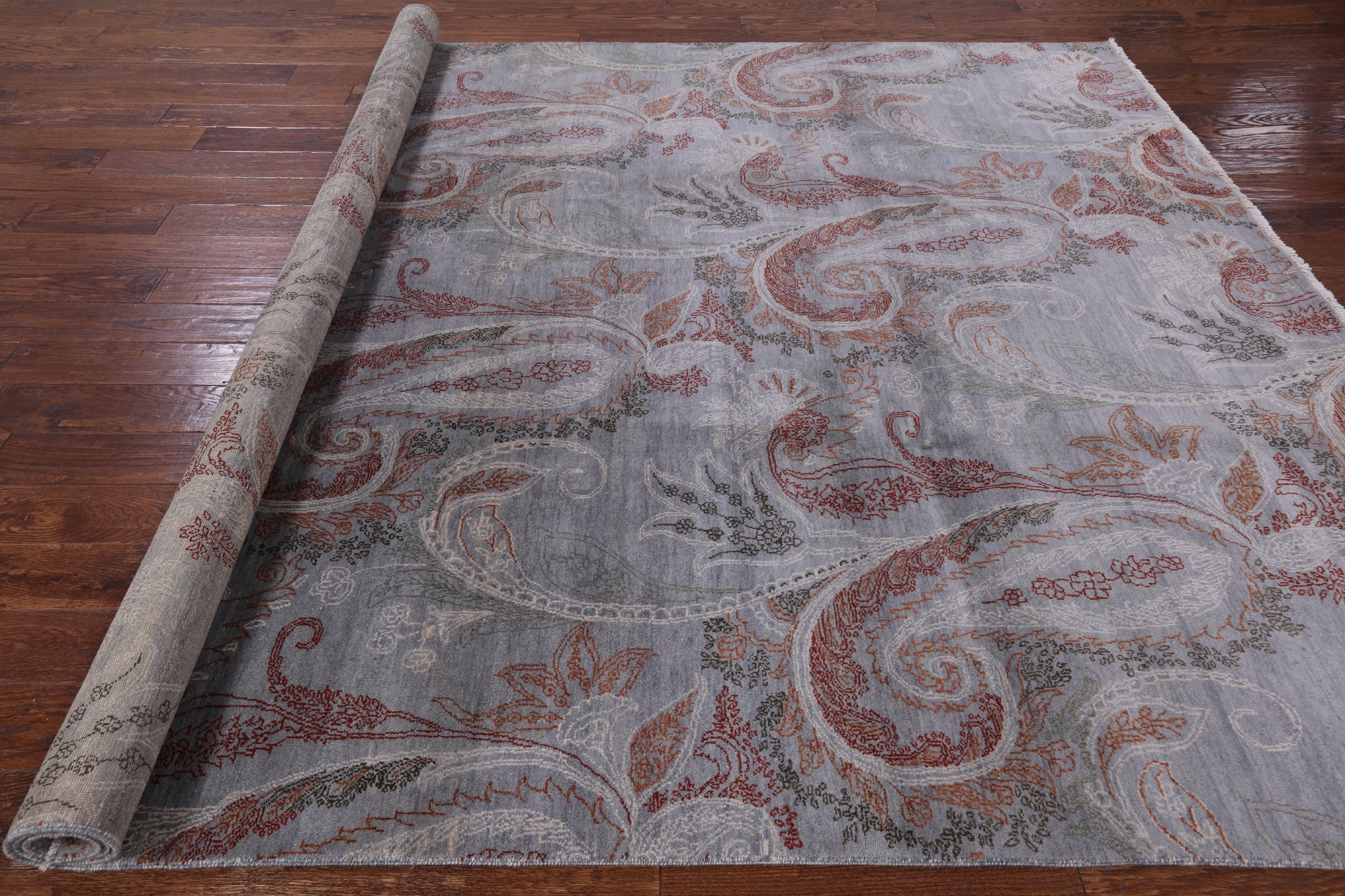 Grey William Morris Handmade Wool & Silk Area Rug - 8' 0" X 10' 0" - Golden Nile