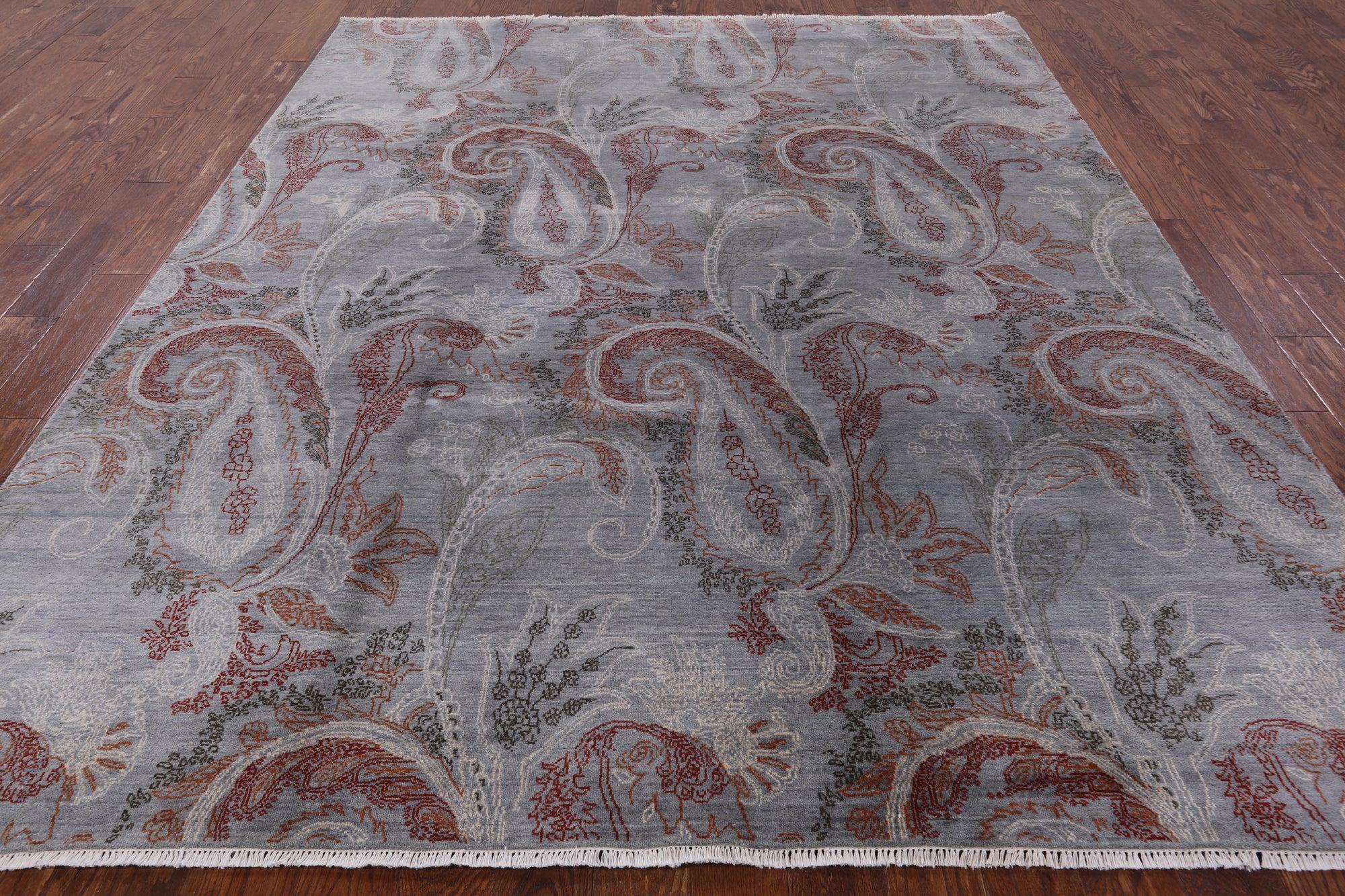 Grey William Morris Handmade Wool & Silk Area Rug - 8' 0" X 10' 0" - Golden Nile