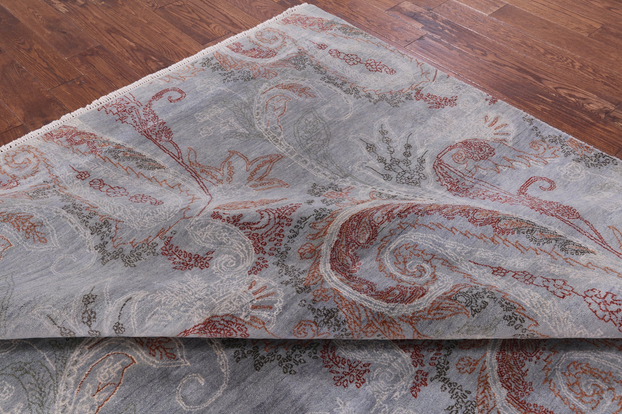 Grey William Morris Handmade Wool & Silk Area Rug - 8' 0" X 10' 0" - Golden Nile