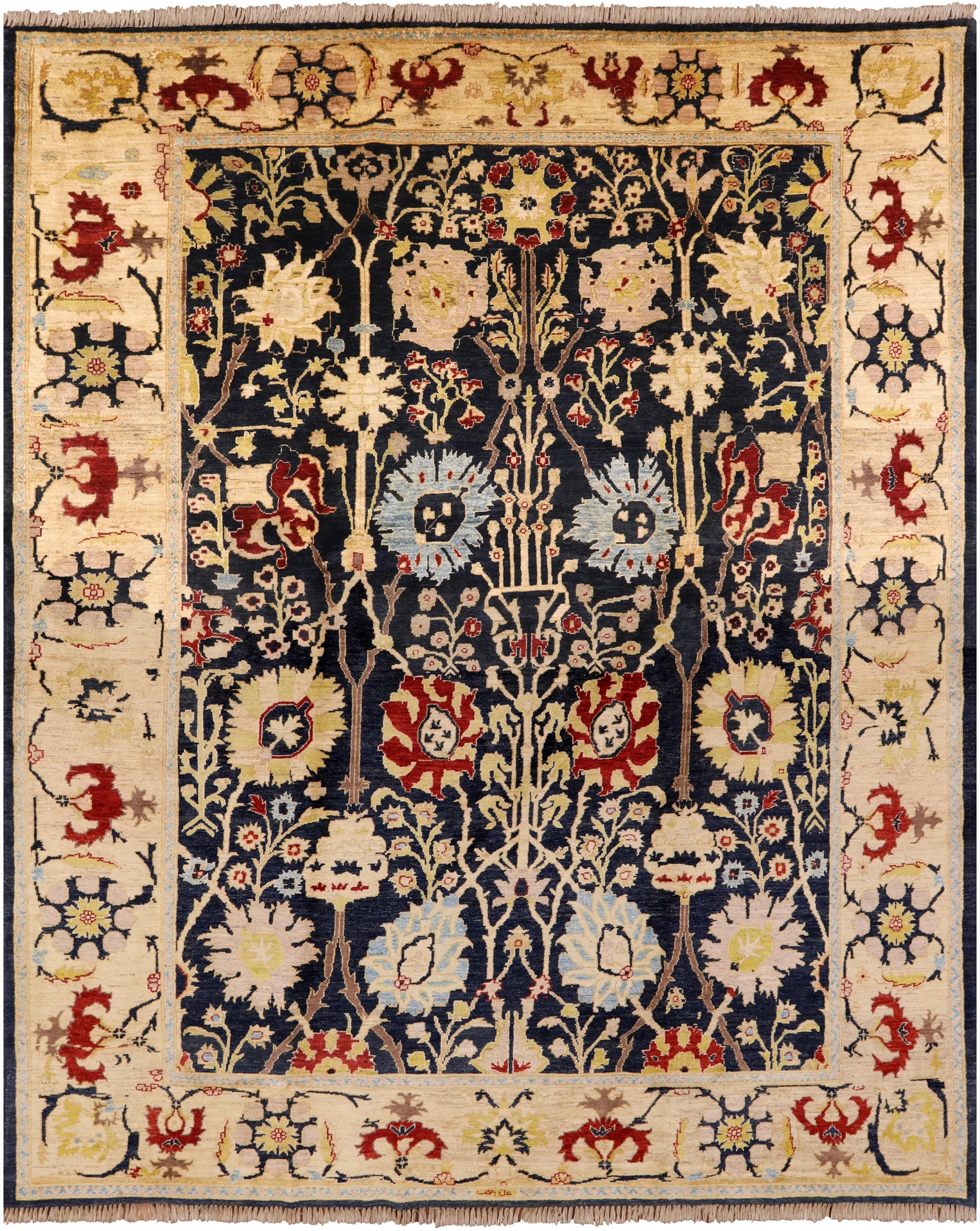 Signed Peshawar Hand Knotted Wool Rug - 8' 0" X 9' 9" - Golden Nile