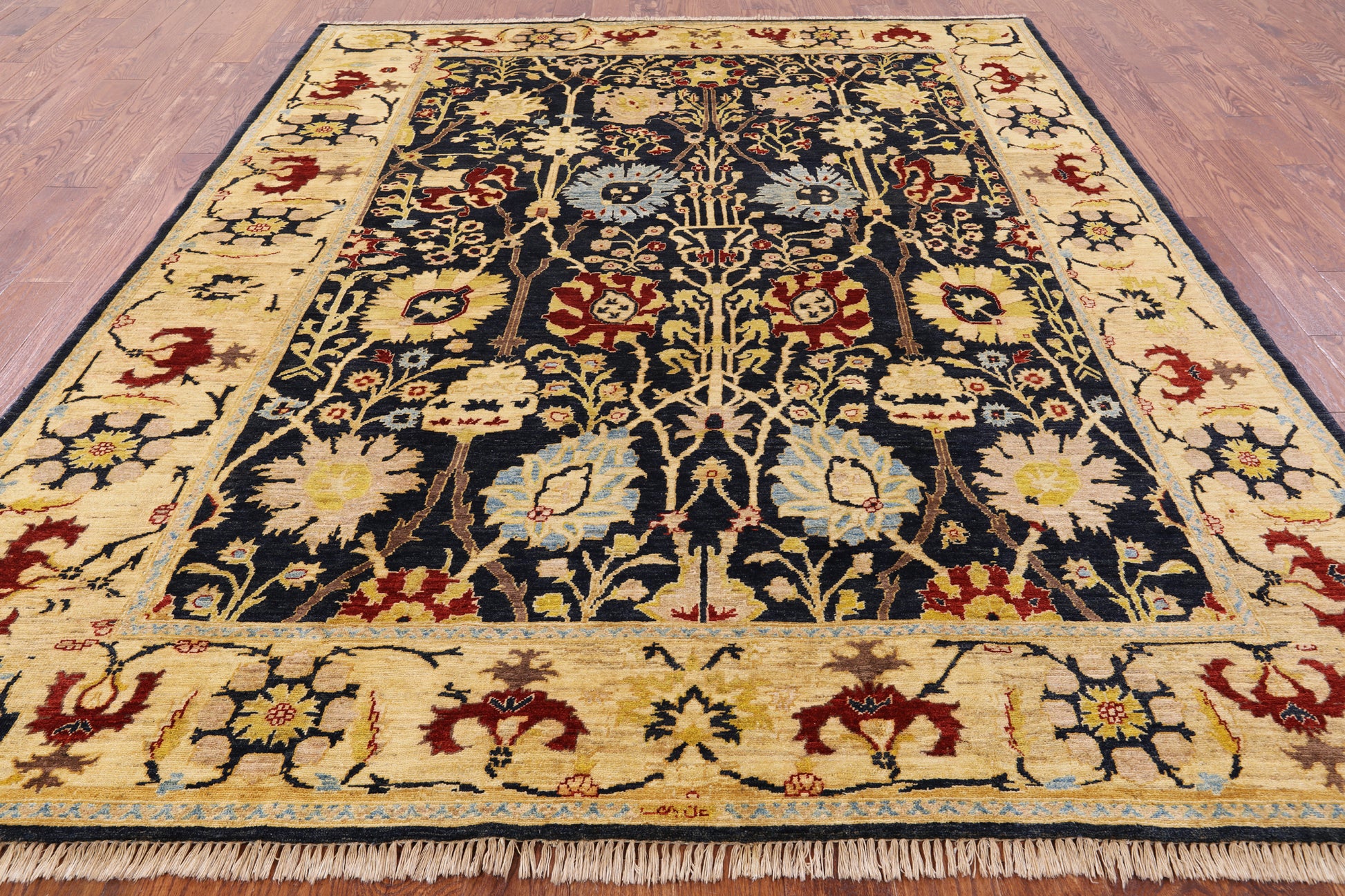 Signed Peshawar Hand Knotted Wool Rug - 8' 0" X 9' 9" - Golden Nile
