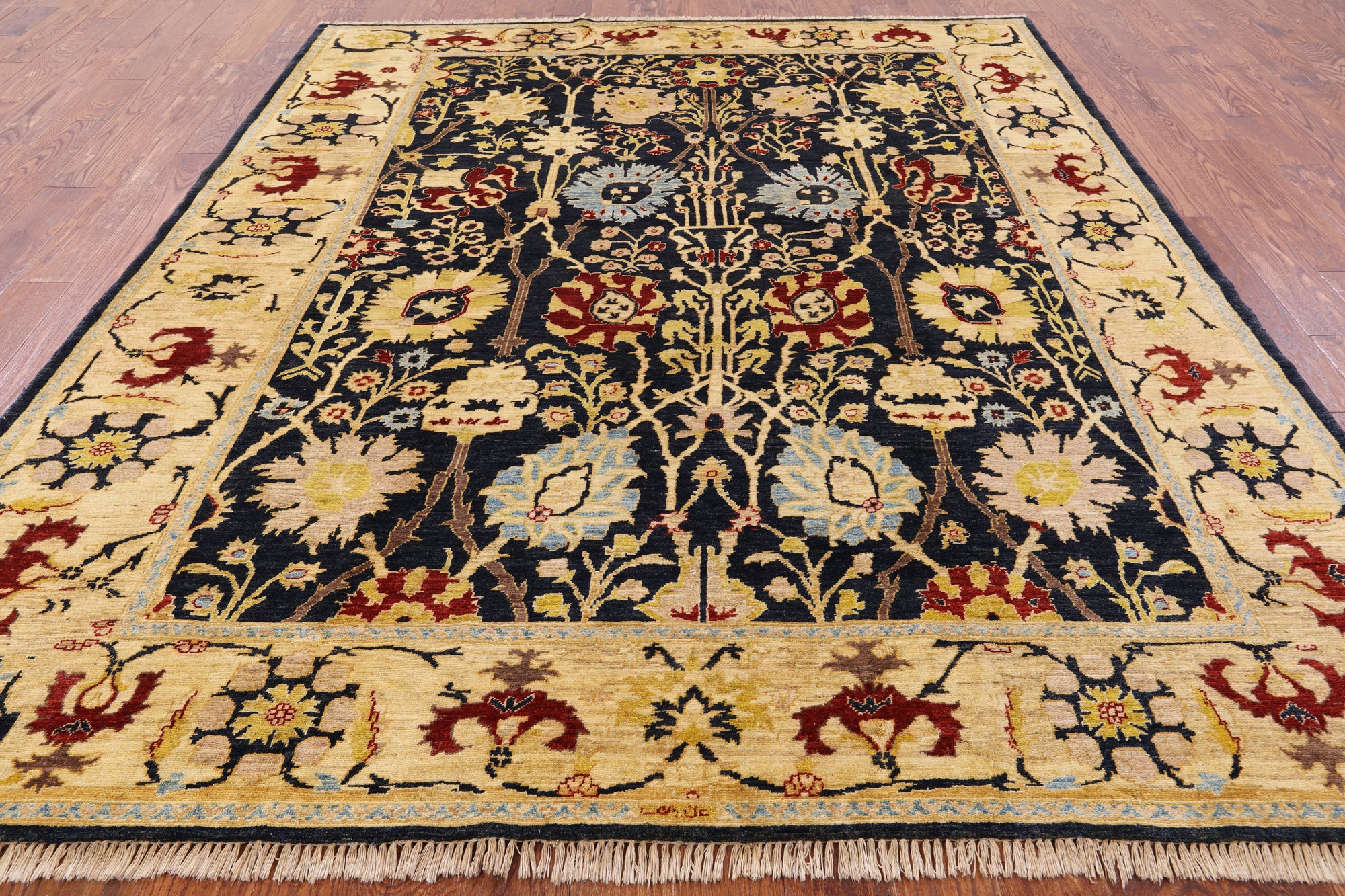Signed Peshawar Hand Knotted Wool Rug - 8' 0" X 9' 9" - Golden Nile