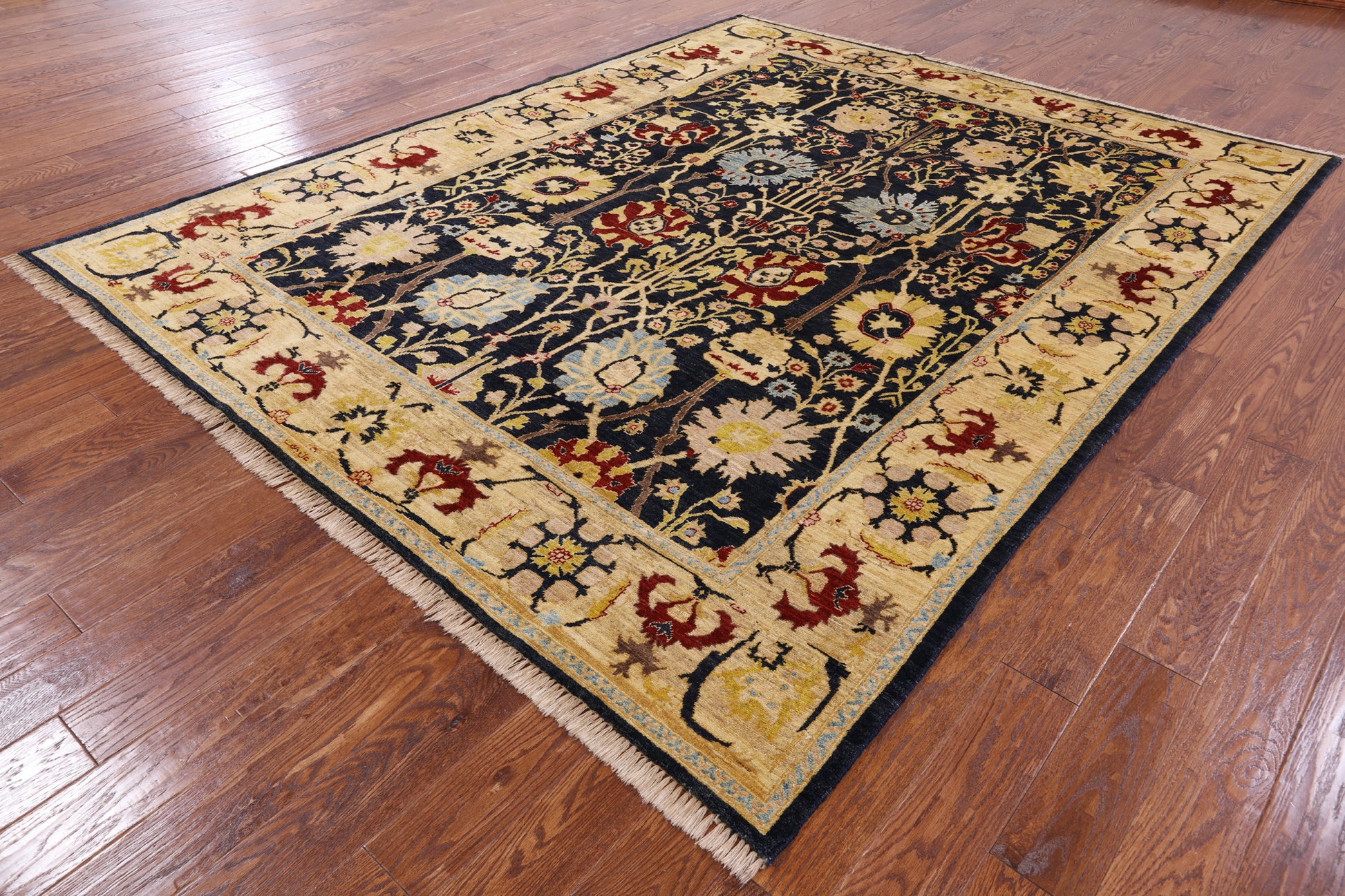 Signed Peshawar Hand Knotted Wool Rug - 8' 0" X 9' 9" - Golden Nile