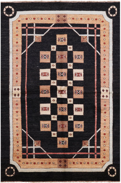 Black Persian Gabbeh Handmade Wool Area Rug - 5' 7" X 8' 5" - Golden Nile