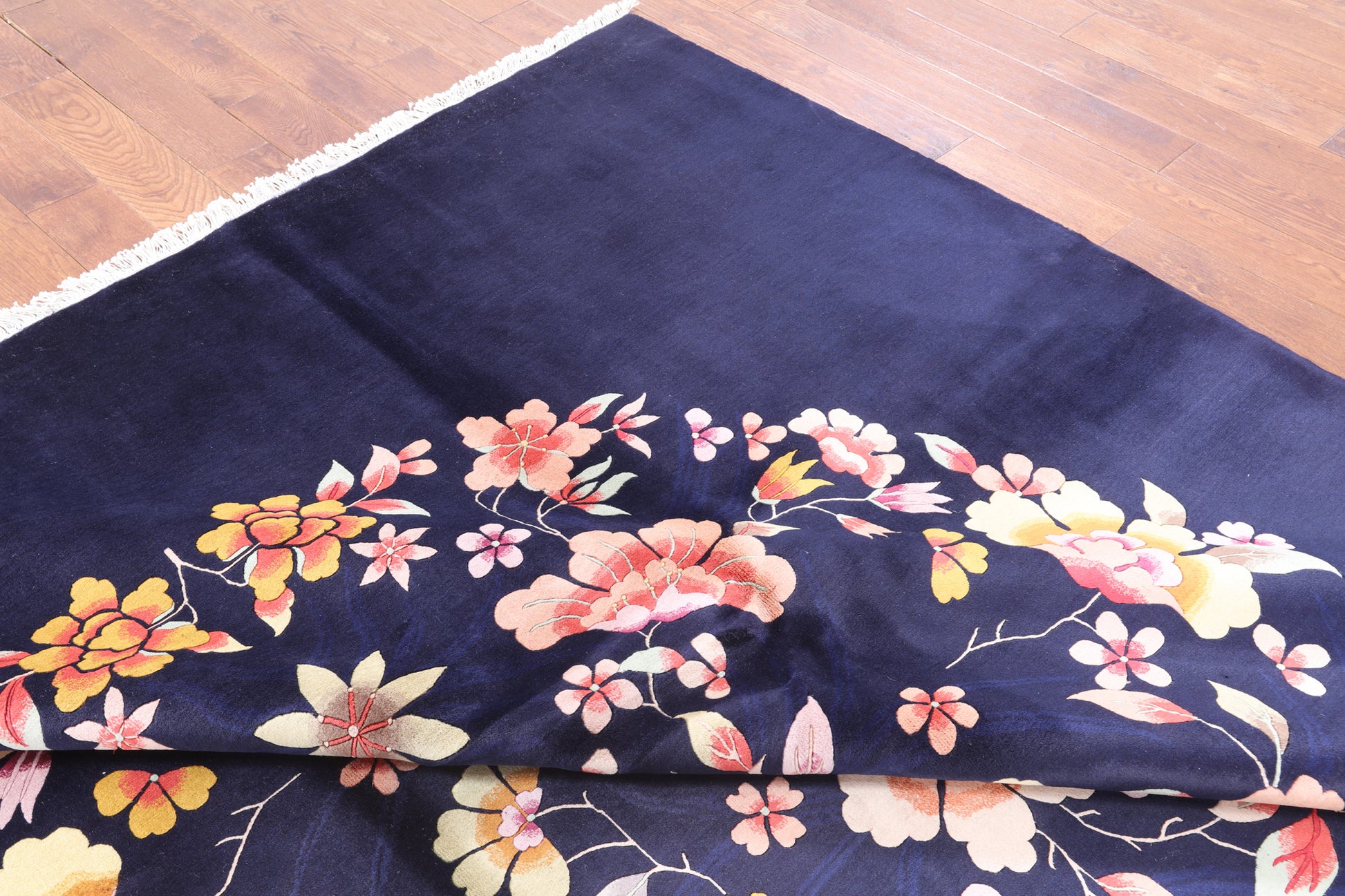 Navy Blue Floral Hand Knotted Wool Area Rug - 9' 0" X 12' 0" - Golden Nile