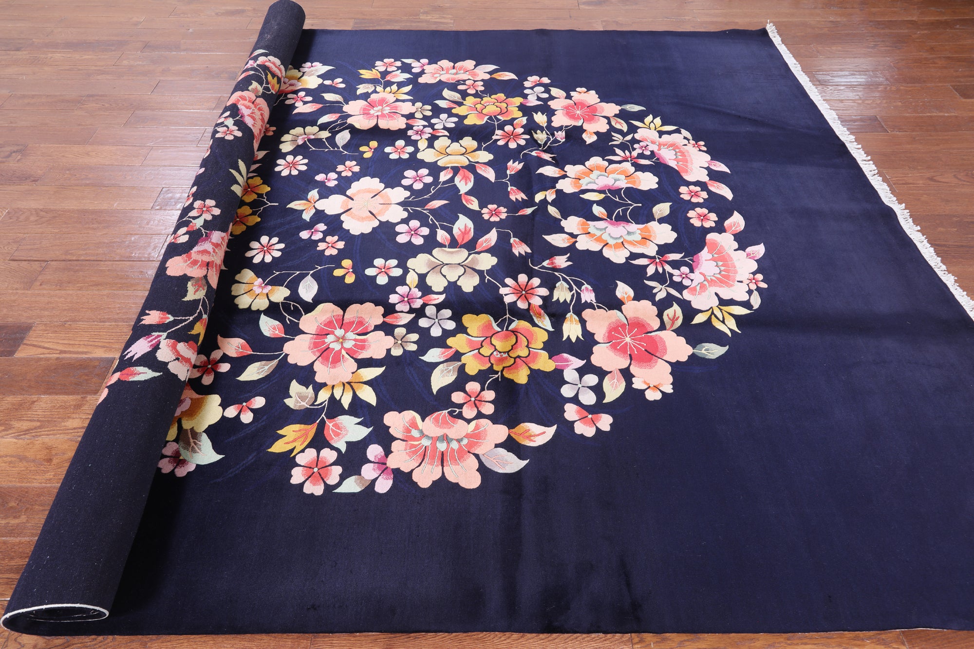 Navy Blue Floral Hand Knotted Wool Area Rug - 9' 0" X 12' 0" - Golden Nile