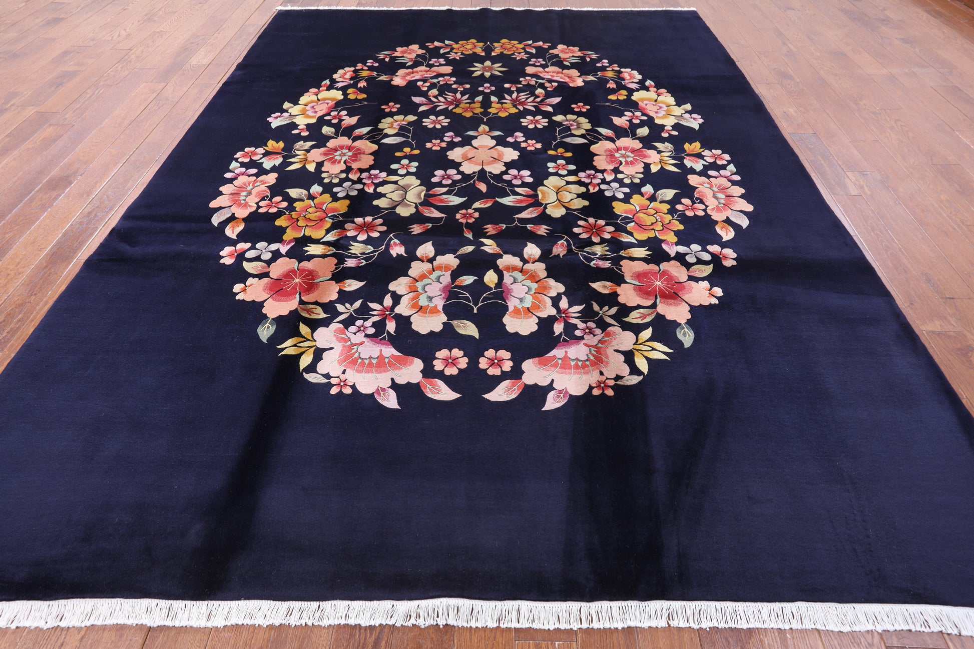 Navy Blue Floral Hand Knotted Wool Area Rug - 9' 0" X 12' 0" - Golden Nile