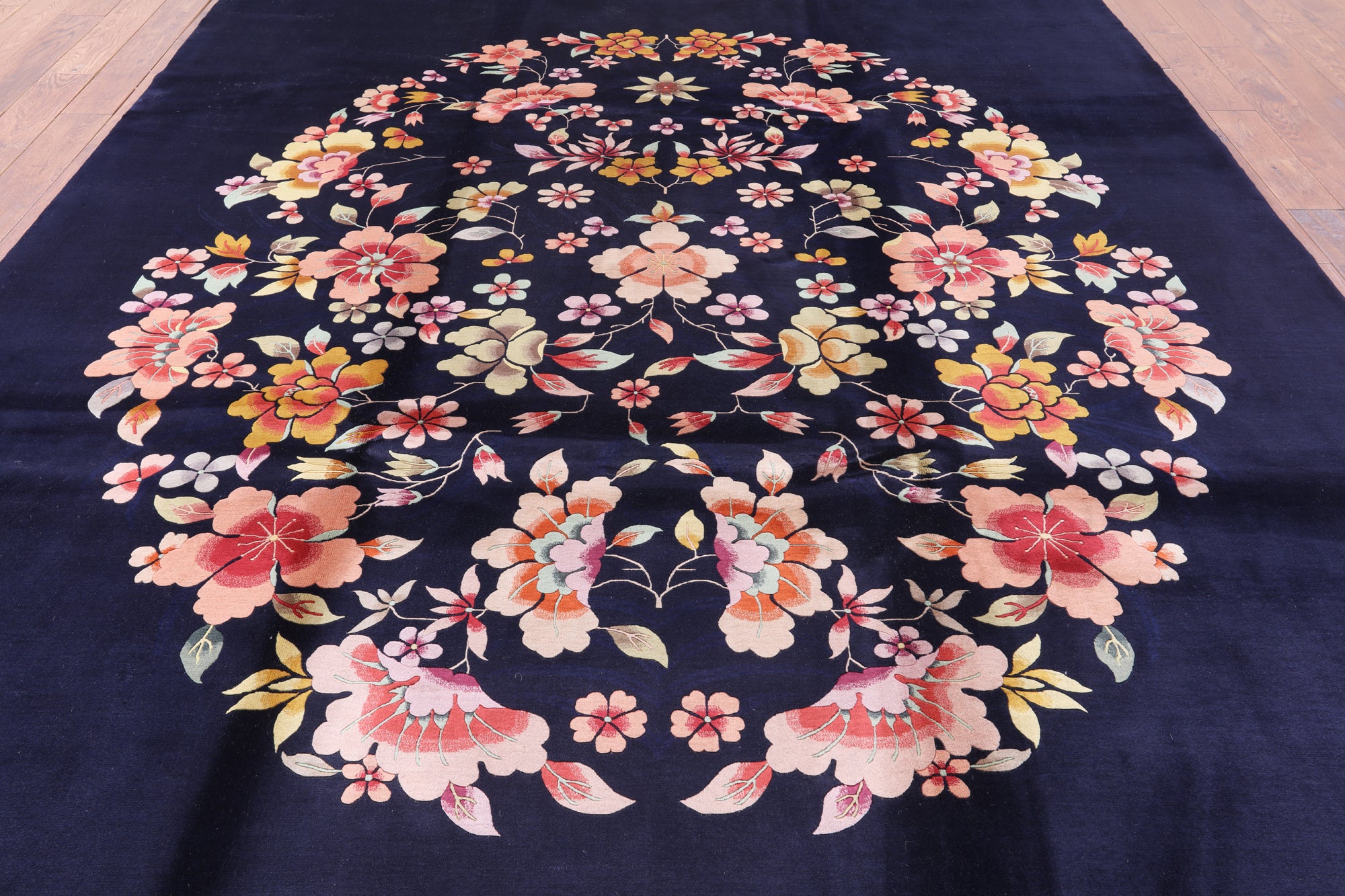 Navy Blue Floral Hand Knotted Wool Area Rug - 9' 0" X 12' 0" - Golden Nile