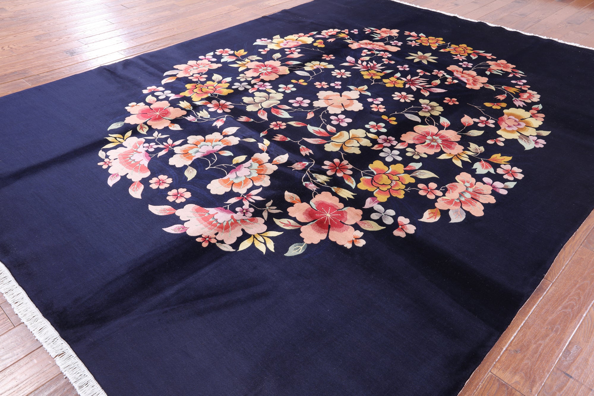 Navy Blue Floral Hand Knotted Wool Area Rug - 9' 0" X 12' 0" - Golden Nile