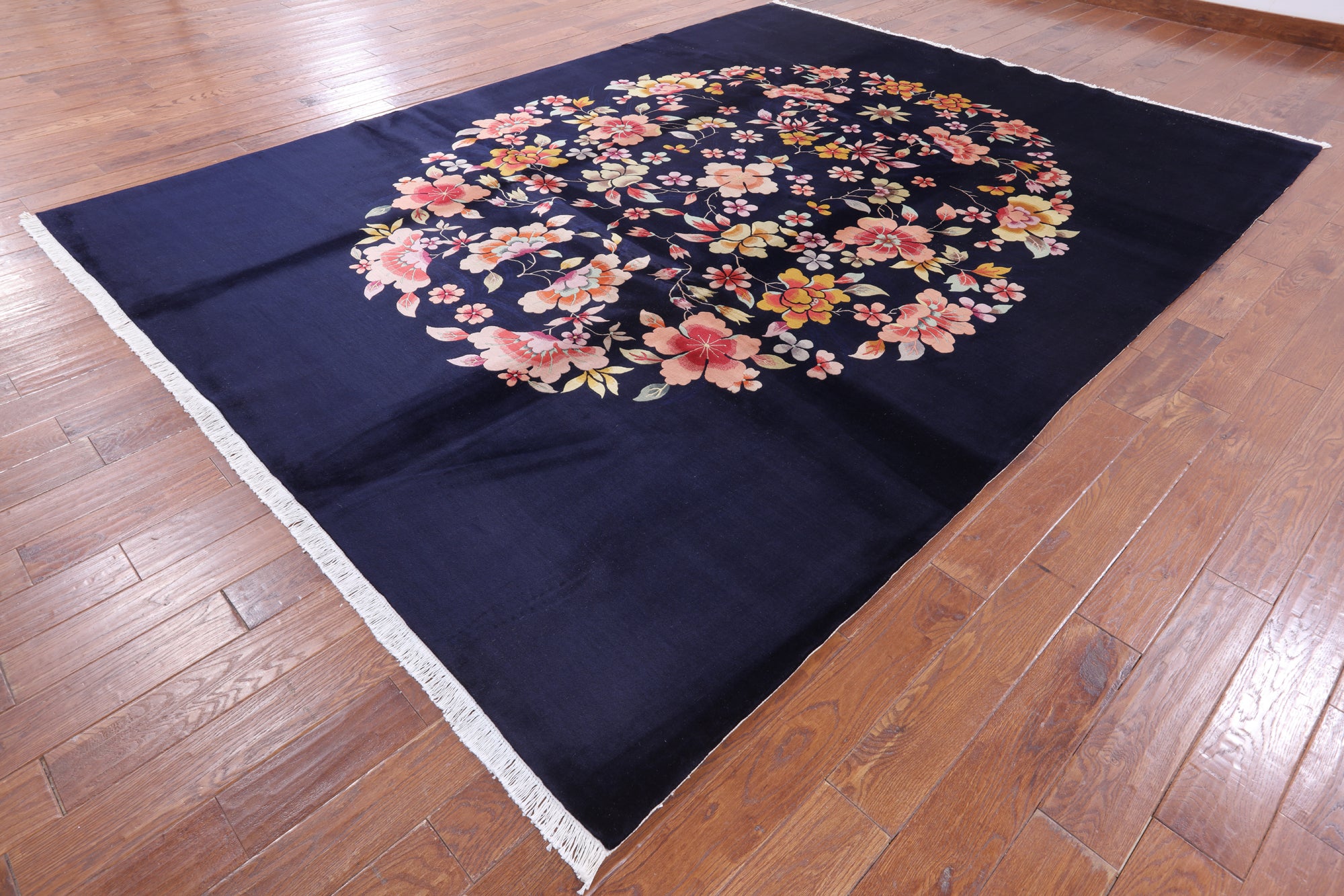 Navy Blue Floral Hand Knotted Wool Area Rug - 9' 0" X 12' 0" - Golden Nile