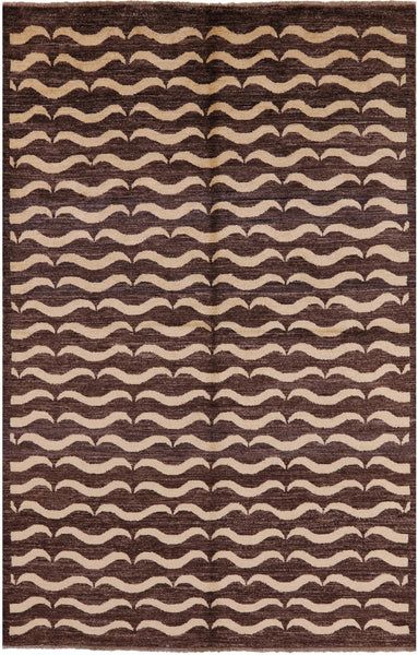 Brown Tribal Gabbeh Hand Knotted Wool Rug - 5' 6" X 8' 4" - Golden Nile