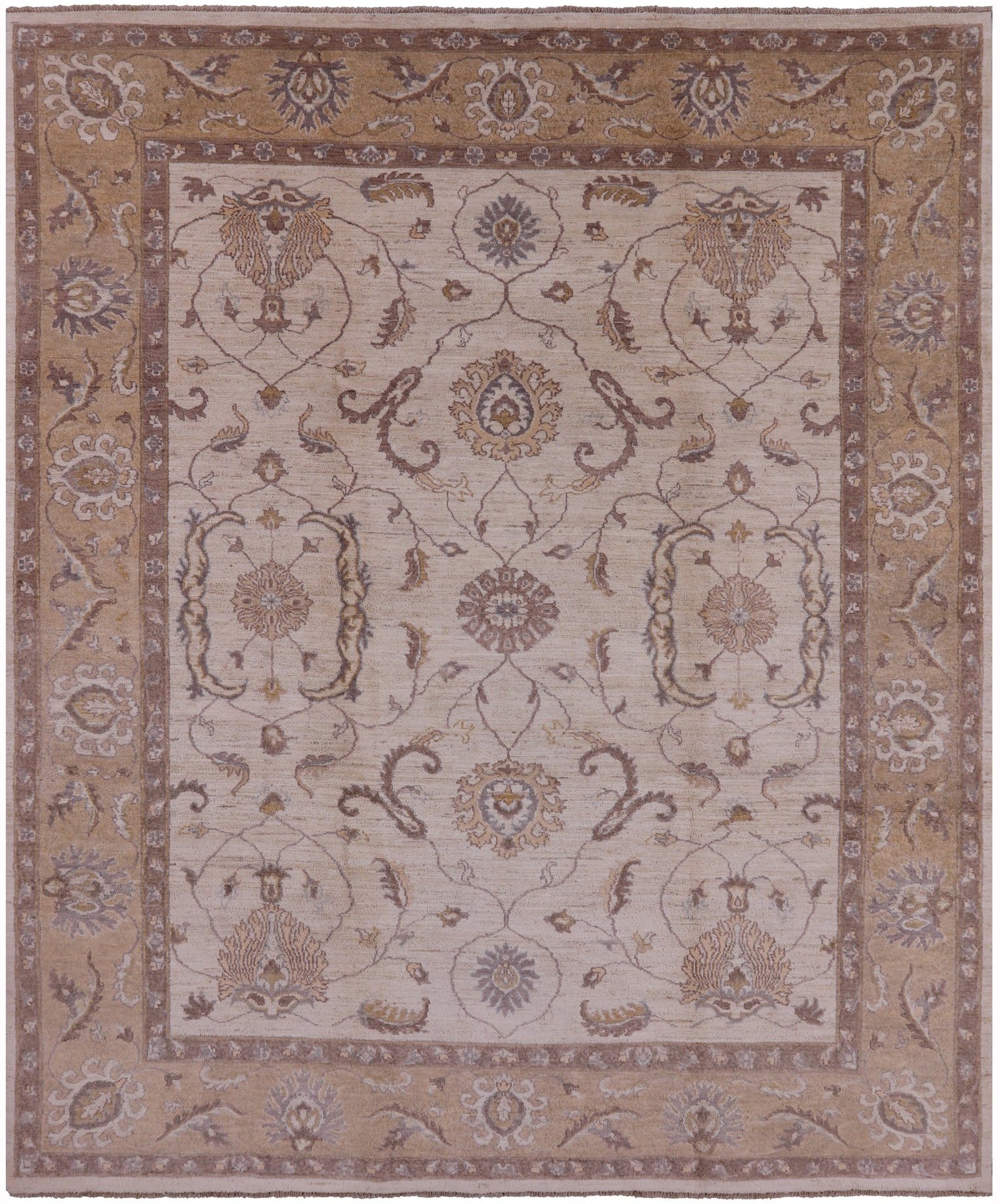 Ivory Peshawar Hand Knotted Rug - 8' 3" X 9' 10" - Golden Nile