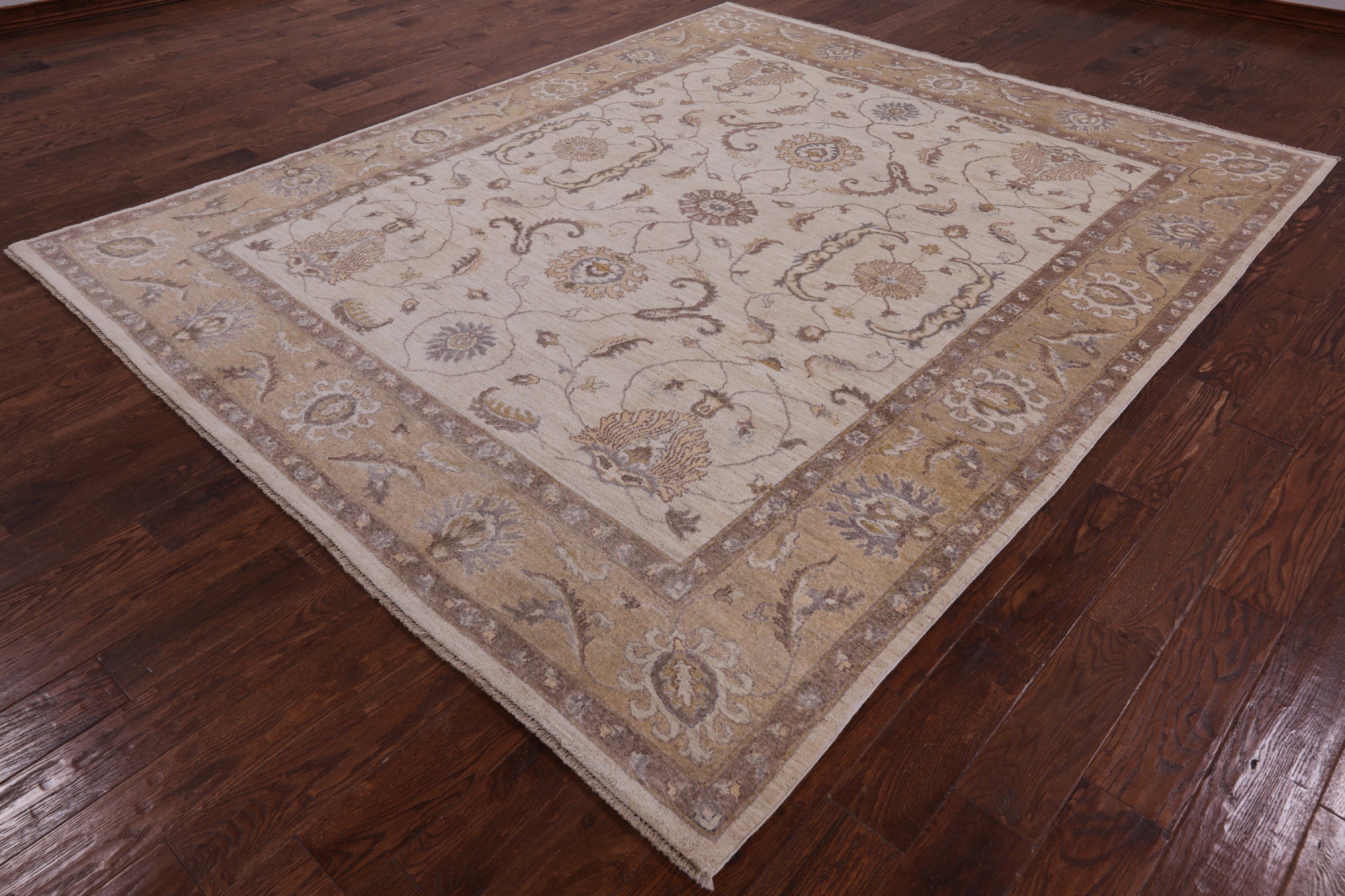 Ivory Peshawar Hand Knotted Rug - 8' 3" X 9' 10" - Golden Nile
