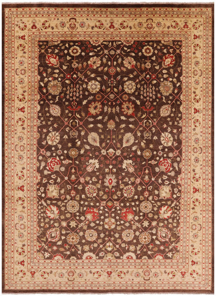 Brown Peshawar Handmade Wool Rug - 10' 0" x 13' 8" - Golden Nile