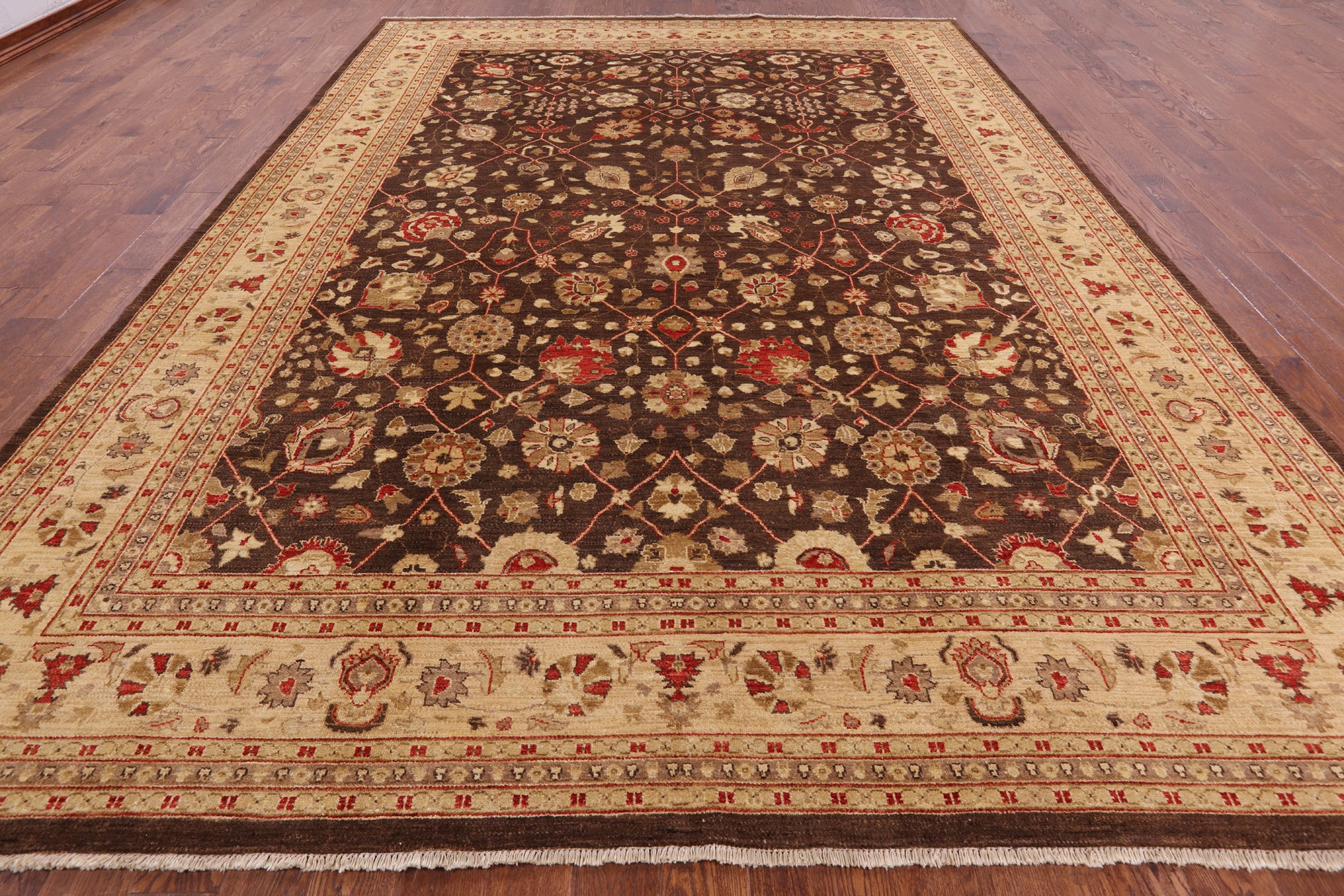 Brown Peshawar Handmade Wool Rug - 10' 0" x 13' 8" - Golden Nile
