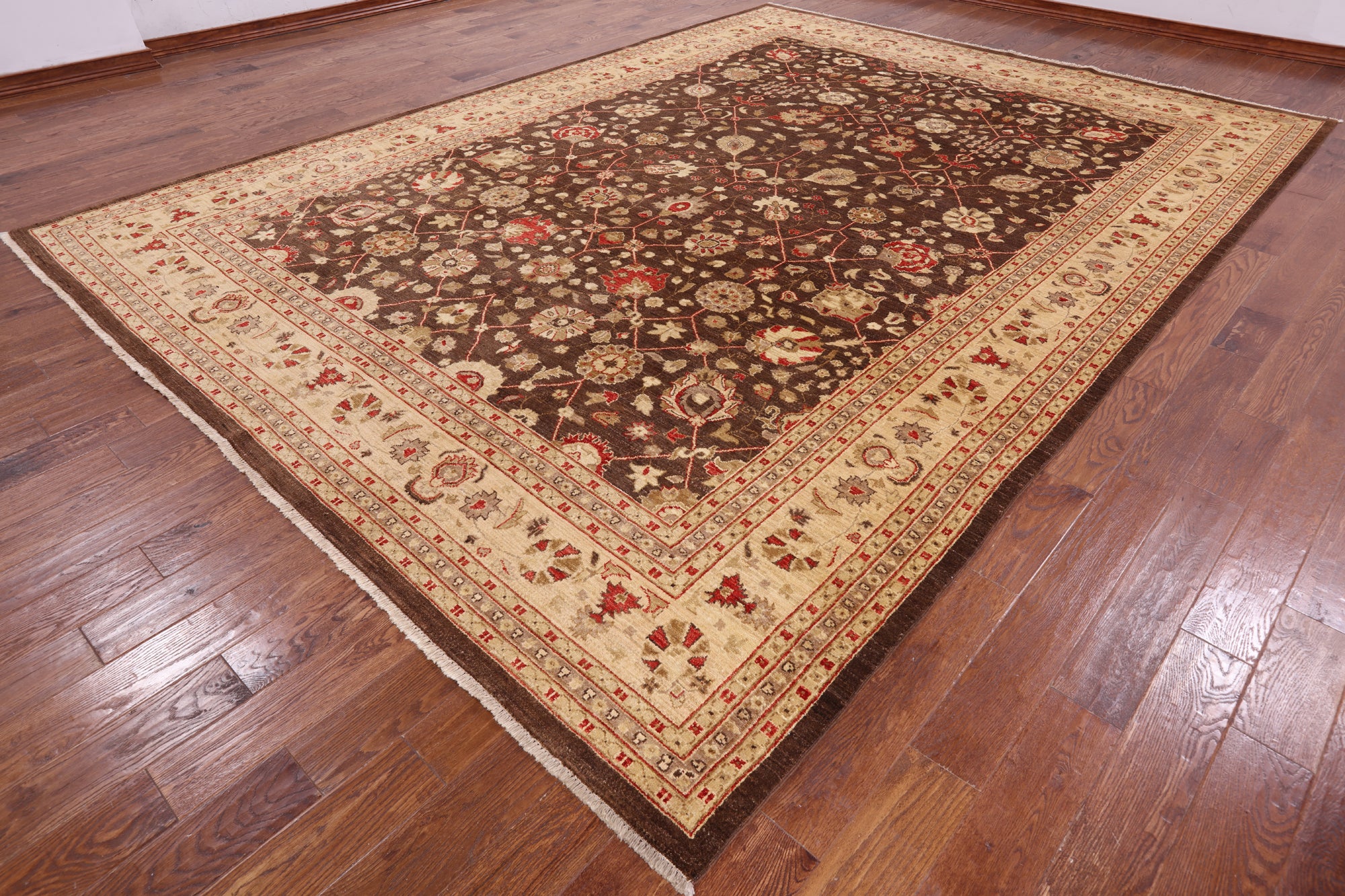 Brown Peshawar Handmade Wool Rug - 10' 0" x 13' 8" - Golden Nile