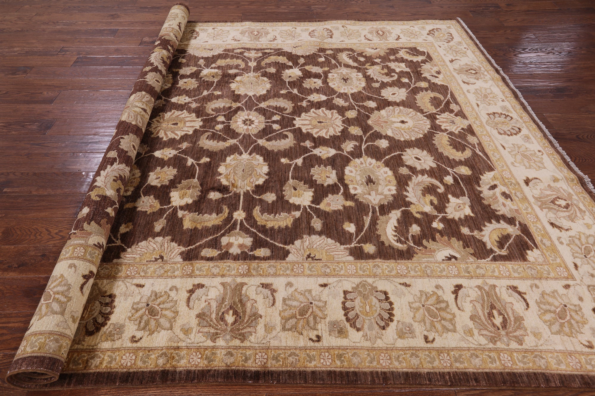 Brown Chobi Peshawar Hand Knotted Wool Rug - 7' 10" x 9' 6" - Golden Nile