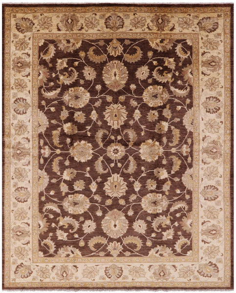 Brown Chobi Peshawar Hand Knotted Wool Rug - 7' 10" x 9' 6" - Golden Nile