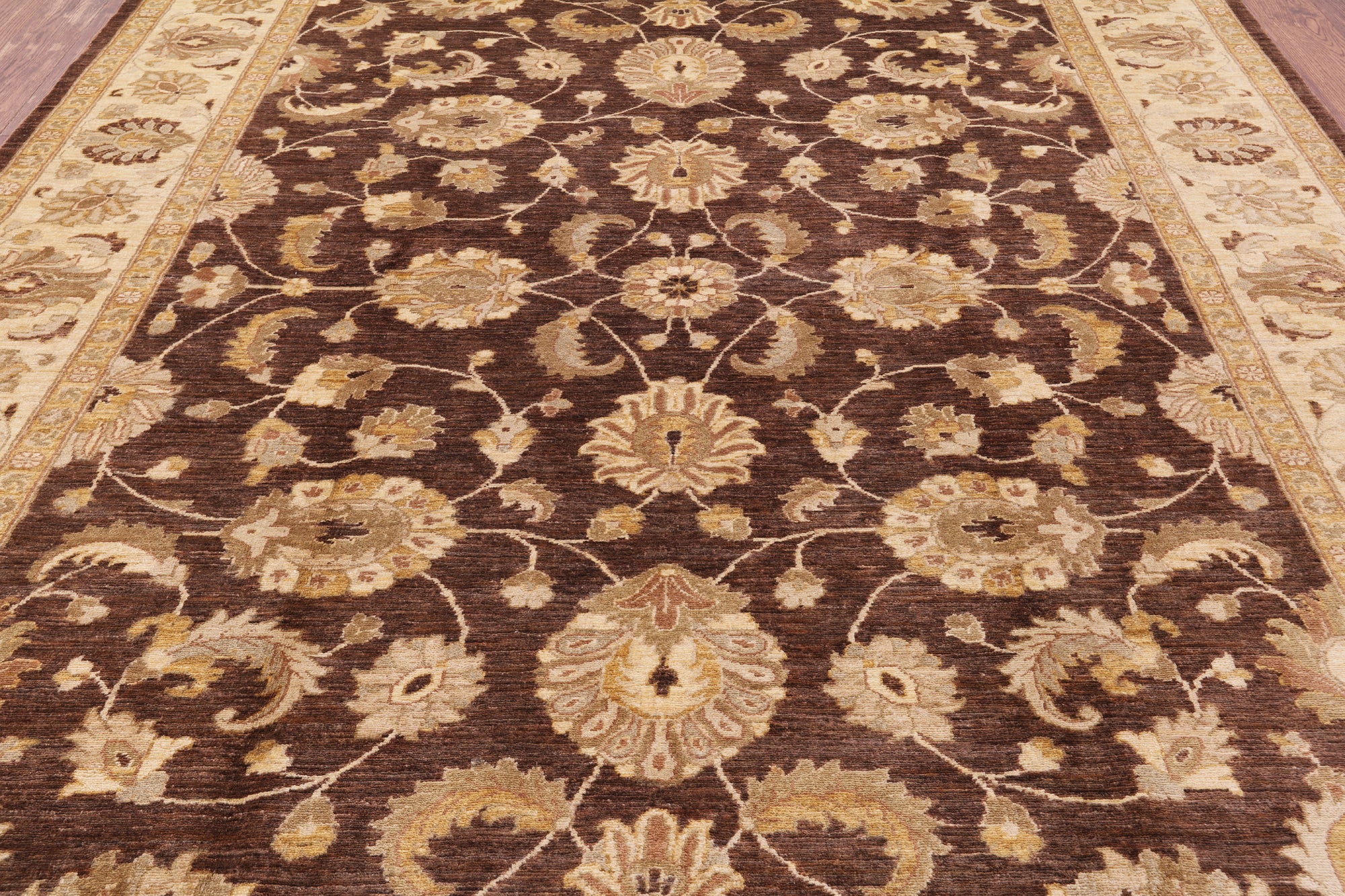 Brown Chobi Peshawar Hand Knotted Wool Rug - 7' 10" x 9' 6" - Golden Nile