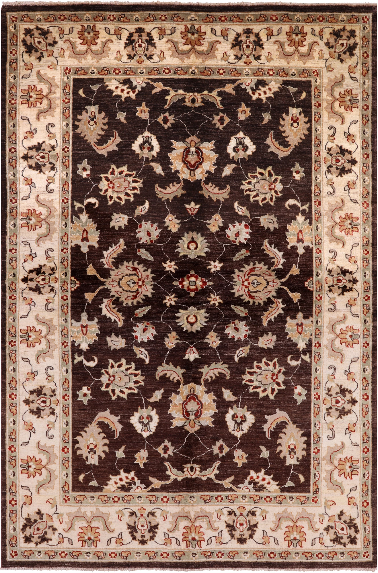 Brown Chobi Peshawar Hand Knotted Wool Area Rug - 6' 1" X 9' 2" - Golden Nile