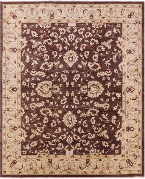 Brown Chobi Peshawar Handmade Wool Area Rug - 8' 1" X 9' 10" - Golden Nile