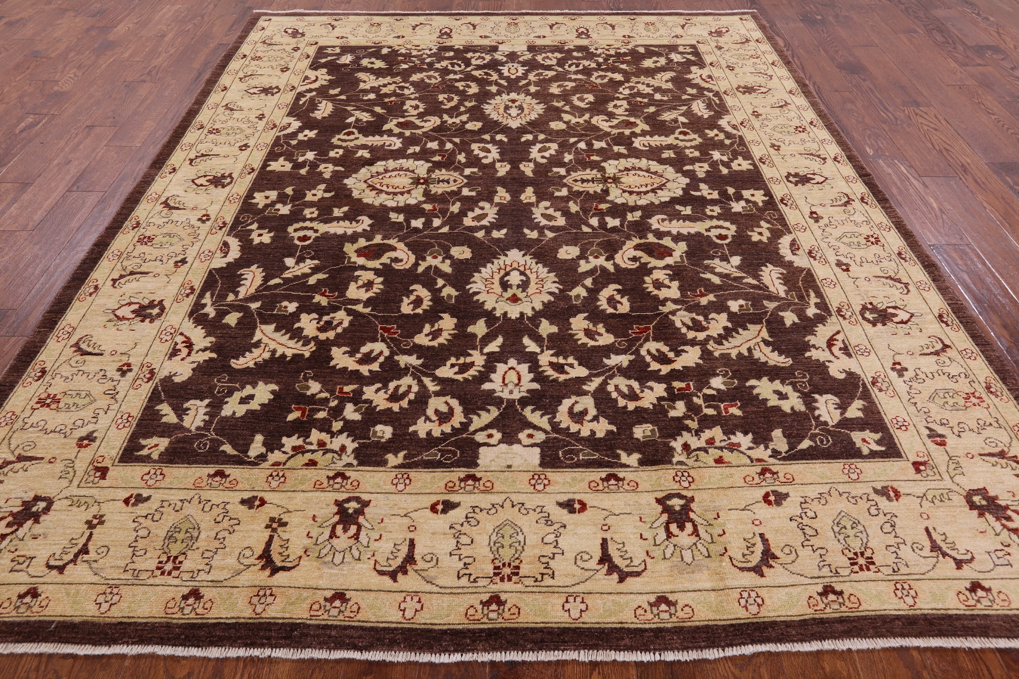 Brown Chobi Peshawar Handmade Wool Area Rug - 8' 1" X 9' 10" - Golden Nile