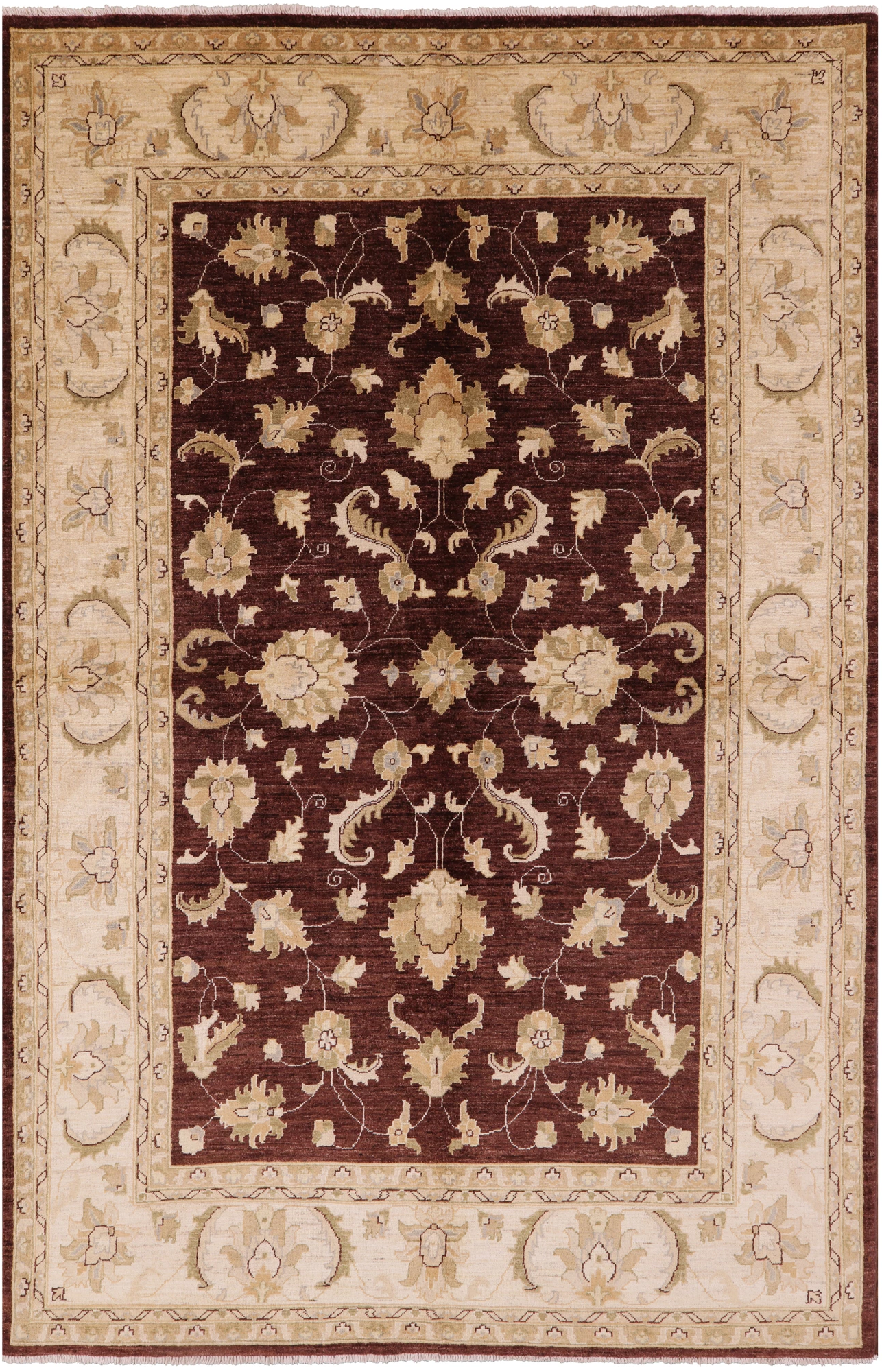 Brown Chobi Peshawar Hand Knotted Wool Area Rug - 6' 0" X 9' 2" - Golden Nile