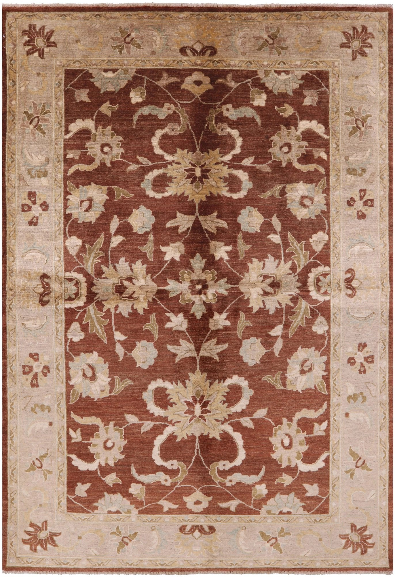 Brown Chobi Peshawar Hand Knotted Wool Area Rug - 6' 0" X 8' 9" - Golden Nile