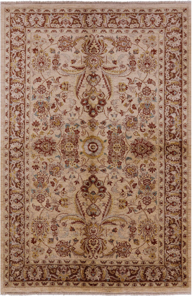 Ivory Chobi Peshawar Hand Knotted Wool Rug - 6' 0" X 9' 0" - Golden Nile
