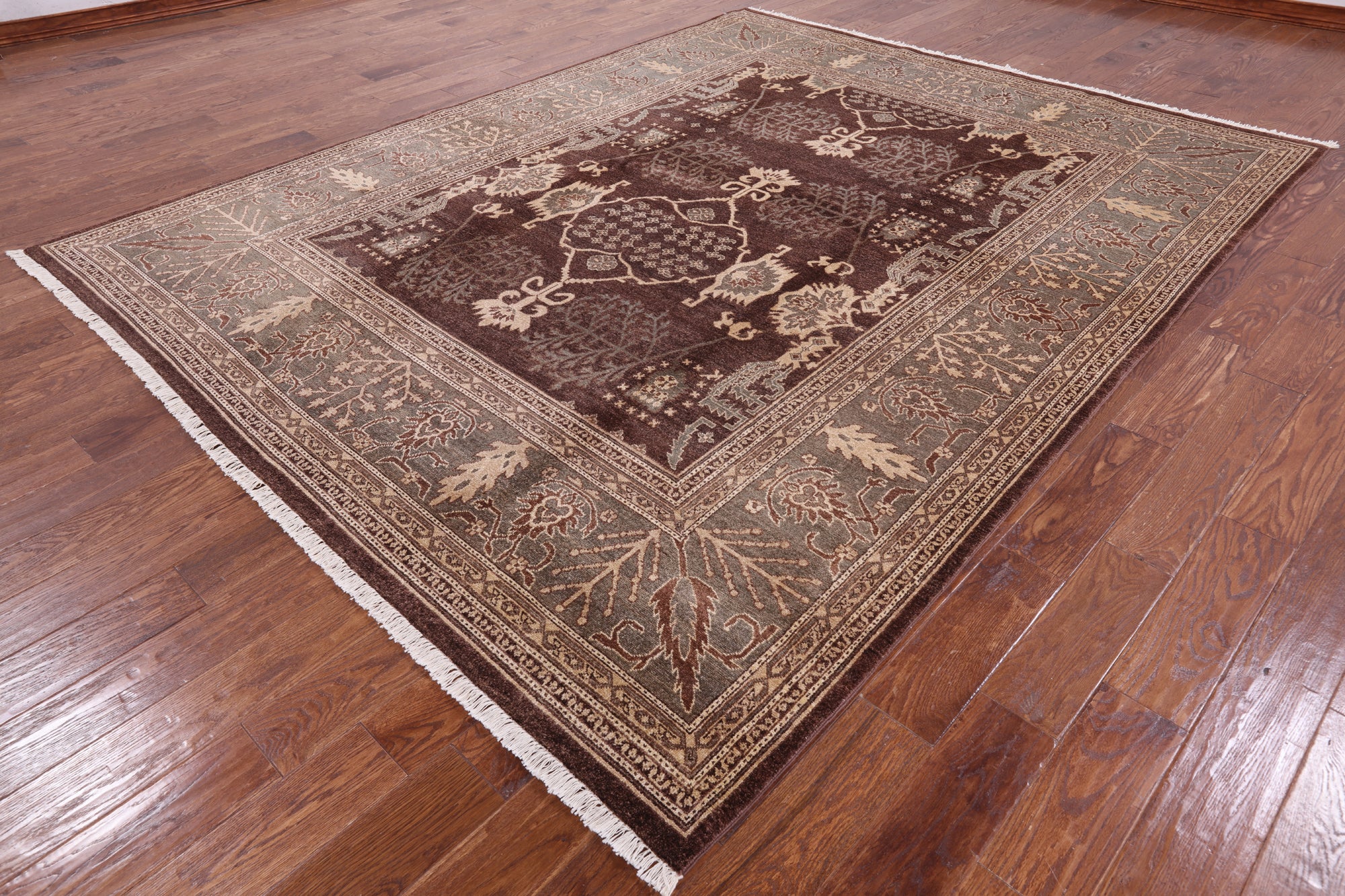 Brown Chobi Peshawar Handmade Wool Rug - 8' 1" X 10' 3" - Golden Nile