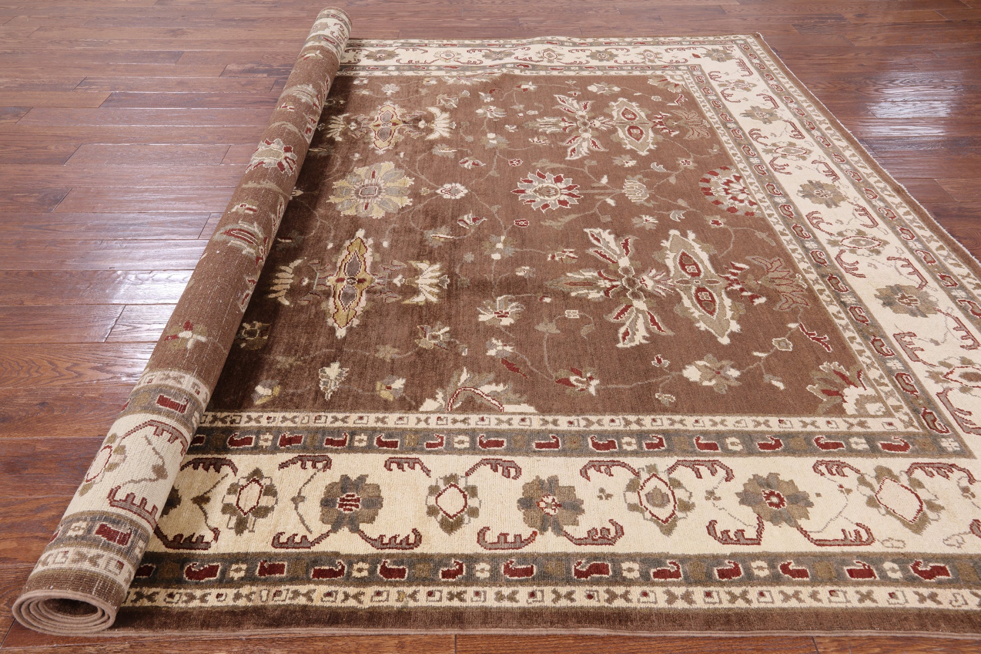 Brown Peshawar Hand Knotted Wool Area Rug - 8' 0" X 9' 7" - Golden Nile