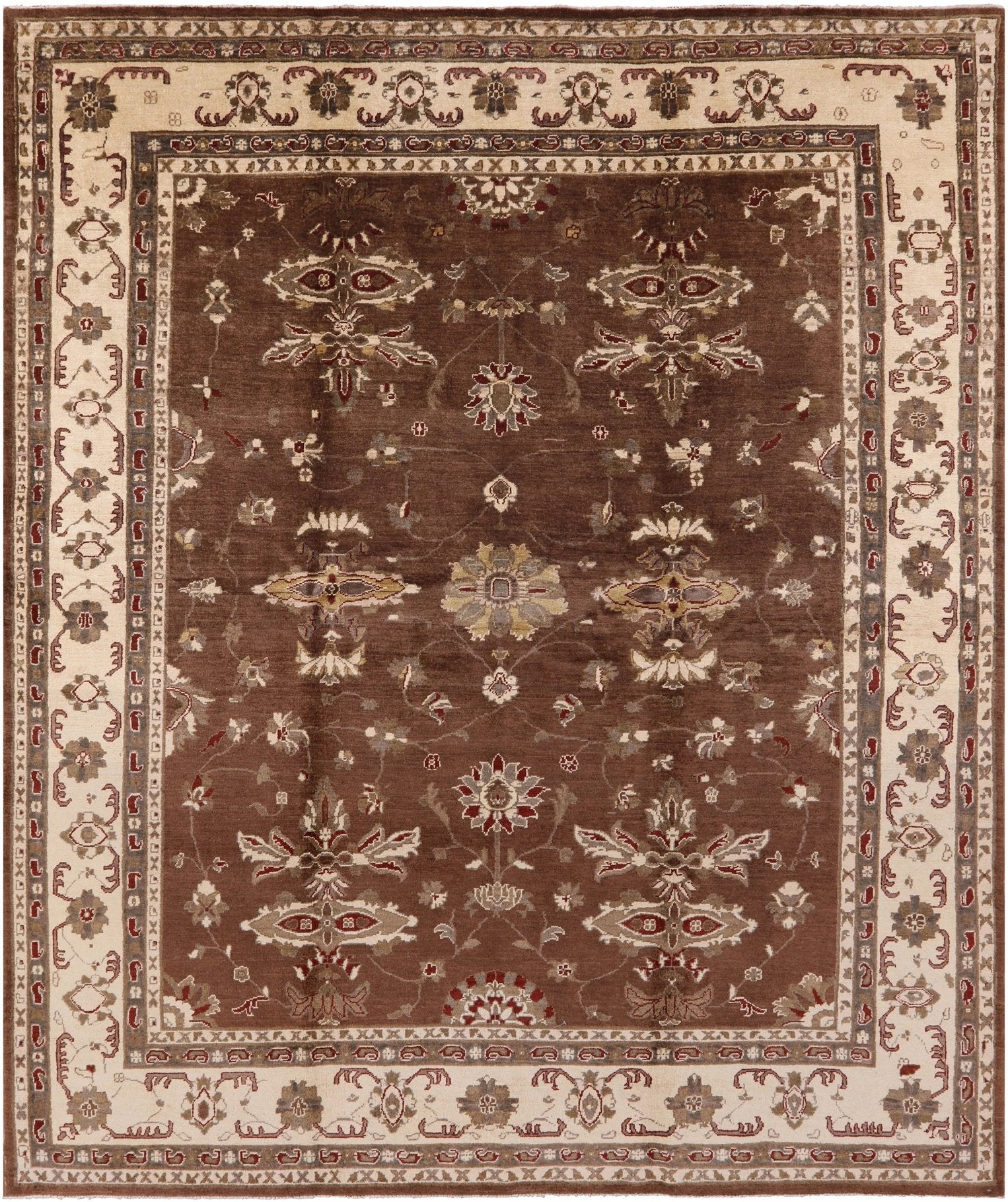 Brown Peshawar Hand Knotted Wool Area Rug - 8' 0" X 9' 7" - Golden Nile