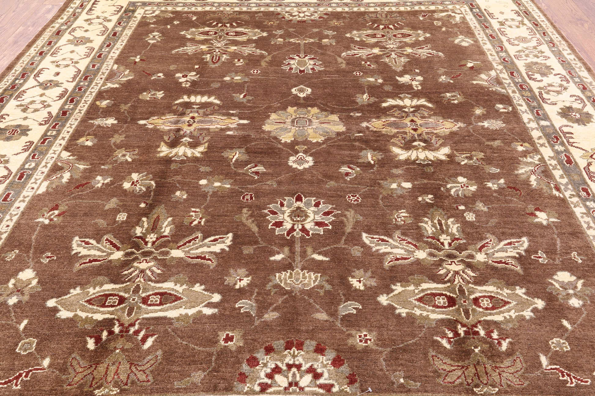 Brown Peshawar Hand Knotted Wool Area Rug - 8' 0" X 9' 7" - Golden Nile