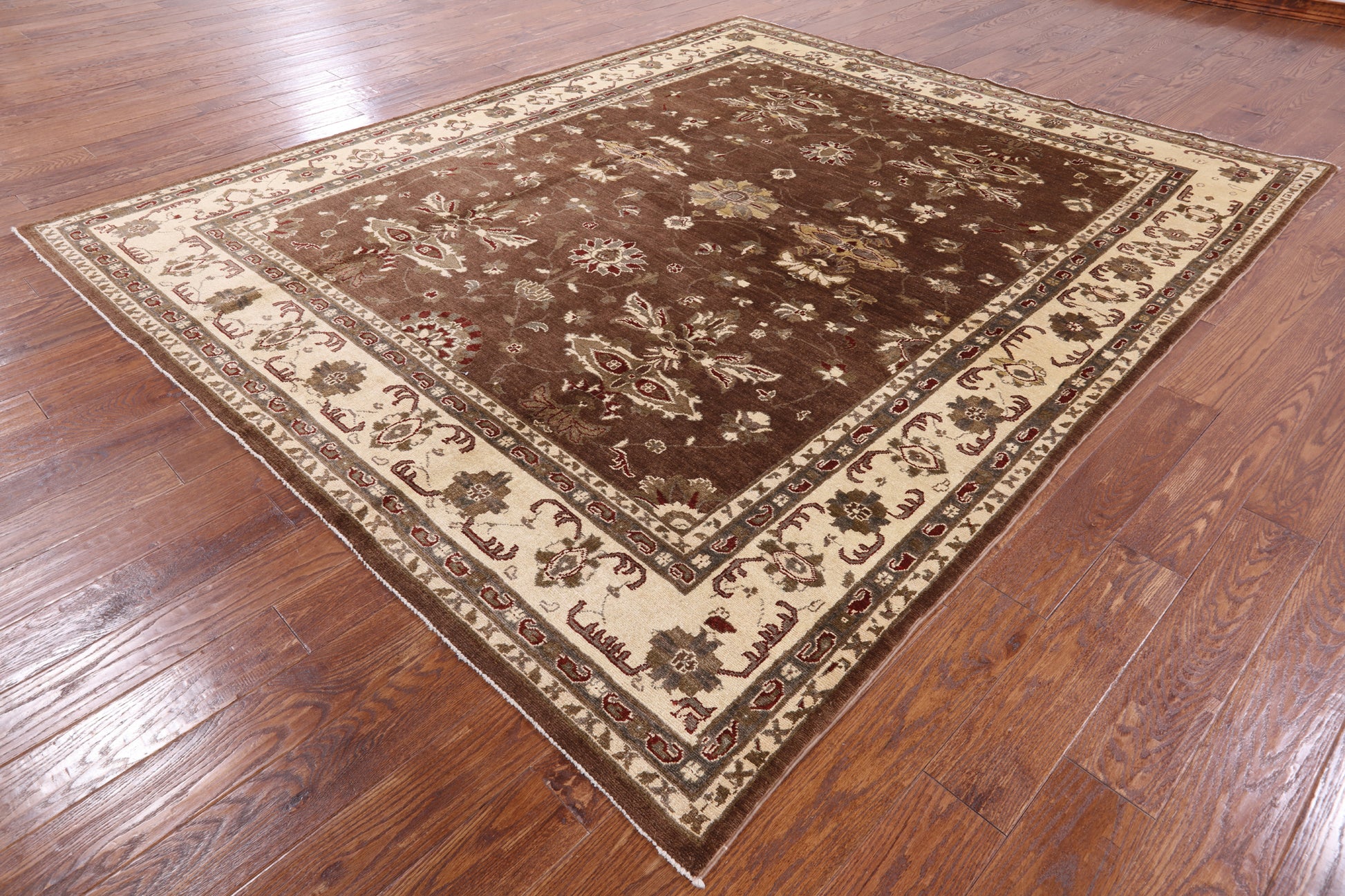 Brown Peshawar Hand Knotted Wool Area Rug - 8' 0" X 9' 7" - Golden Nile